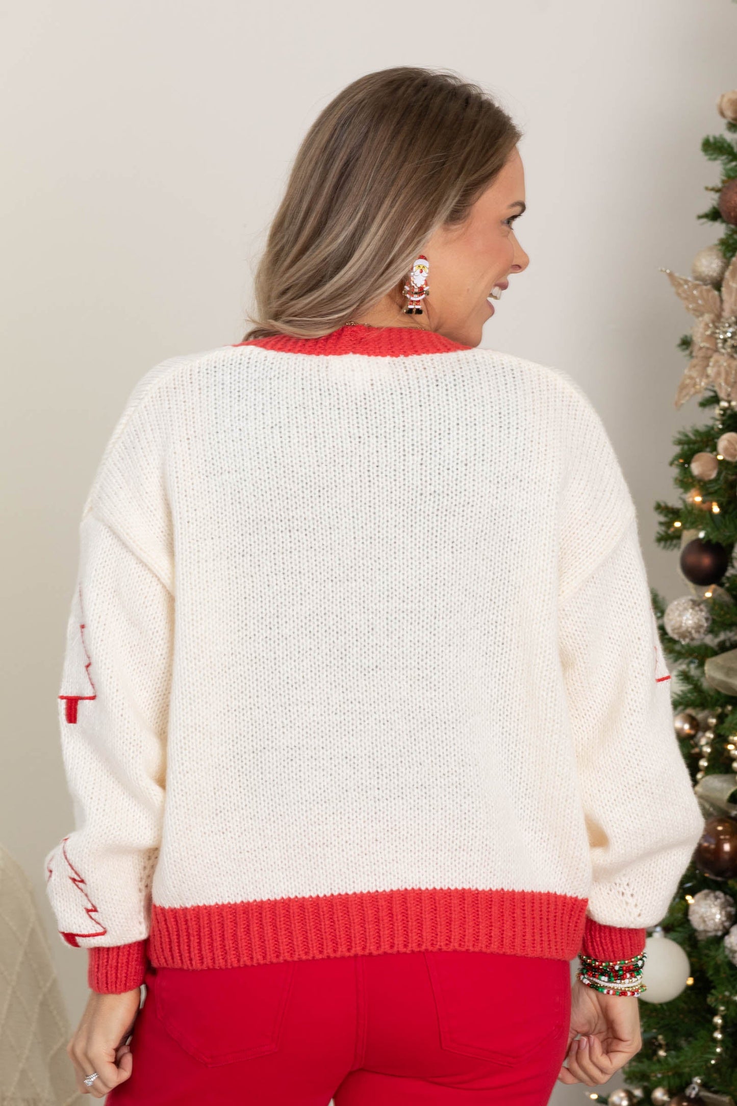 Tree Embroidered Contrast Sweater Cardigans