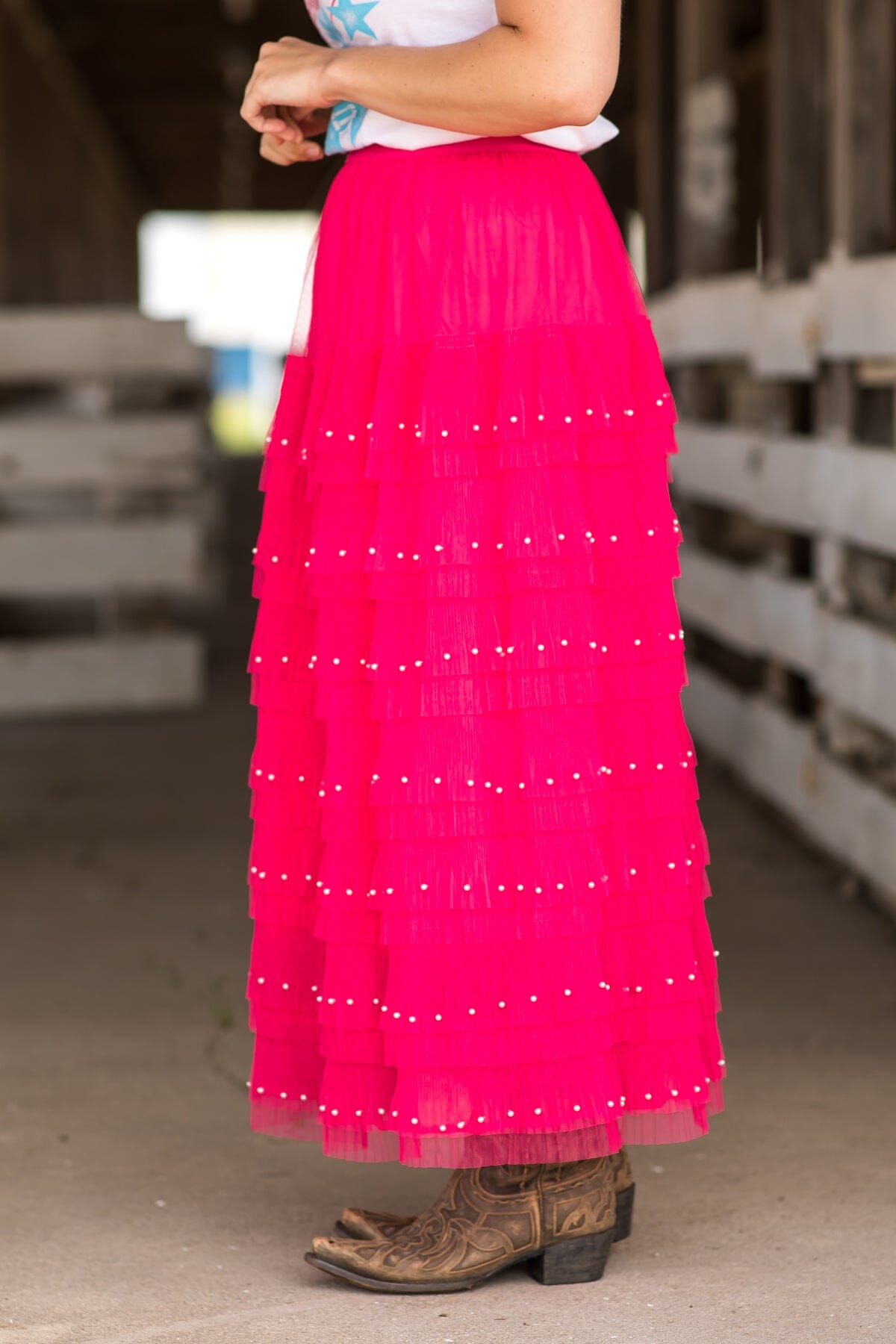 Hot Pink Tulle Midi Skirt With Pearl Detail