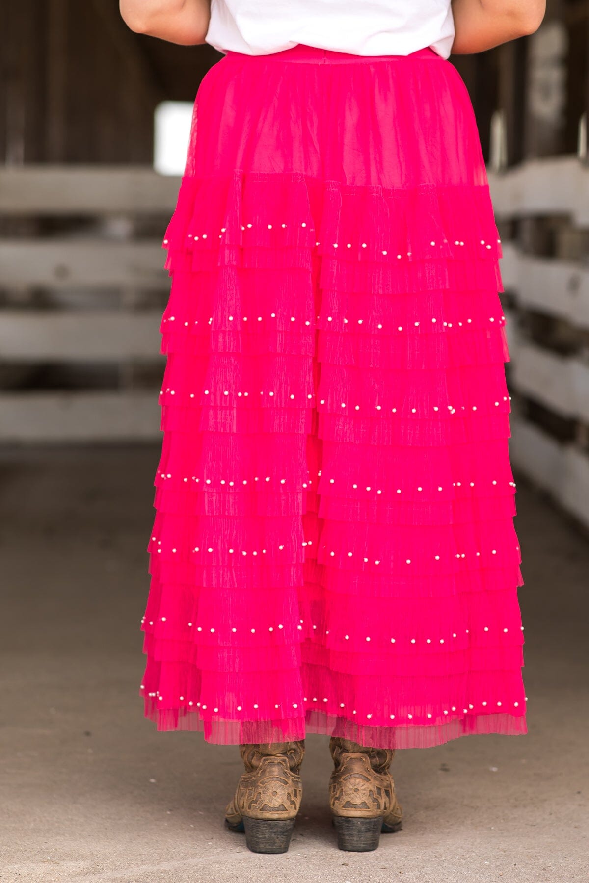 Hot Pink Tulle Midi Skirt With Pearl Detail