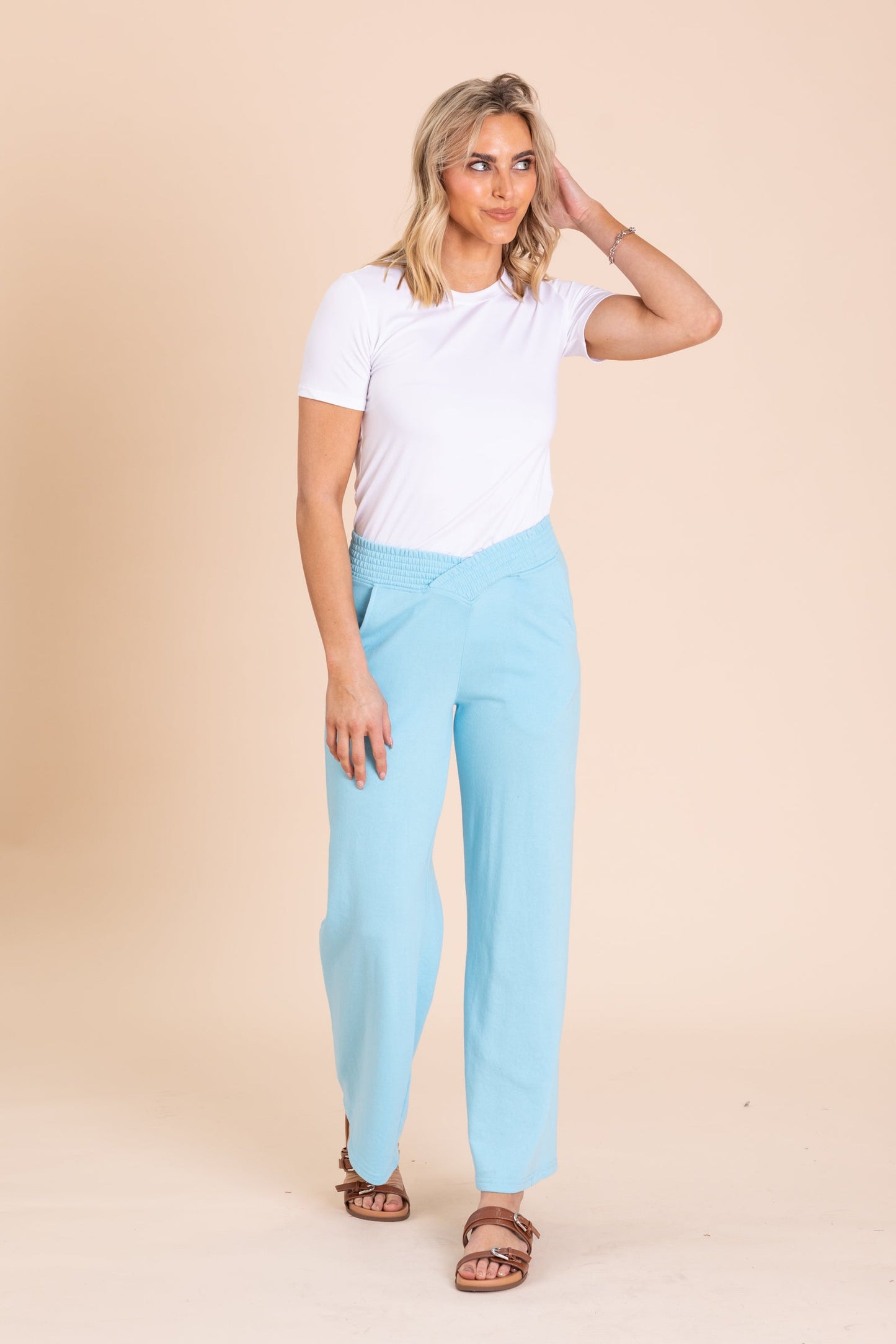 Baby Blue Ribbed Waistband Wide Leg Pants