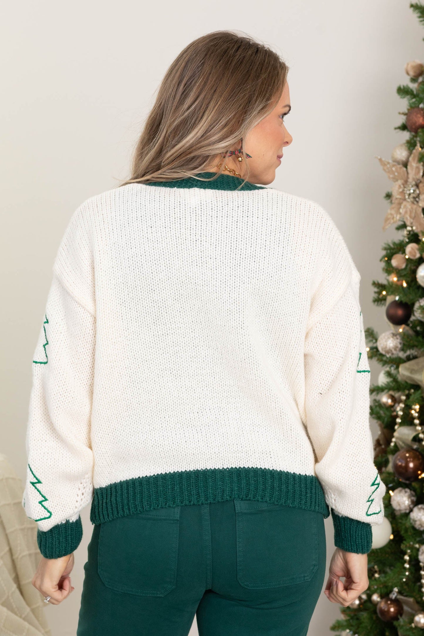 Tree Embroidered Contrast Sweater Cardigans