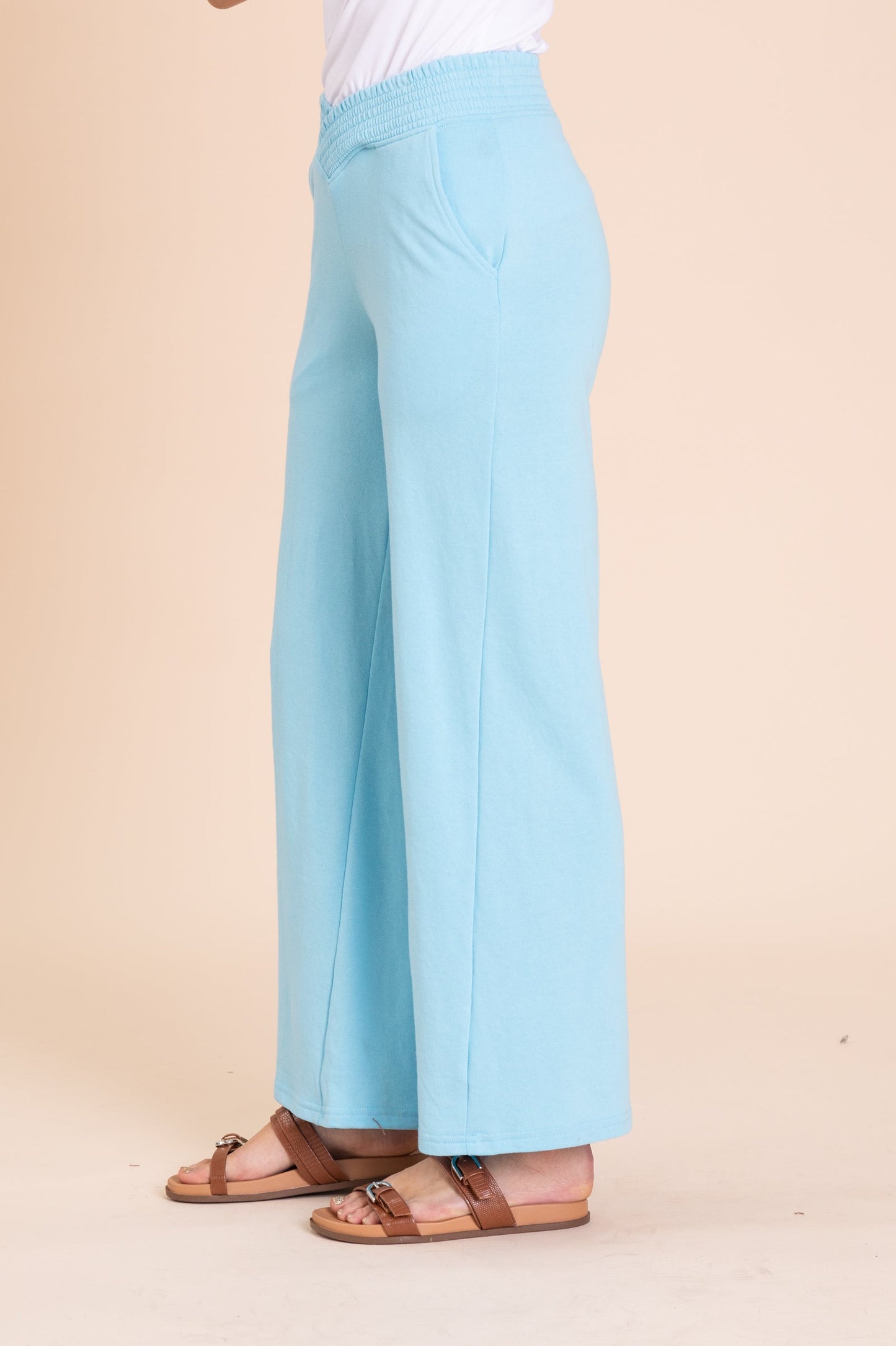 Baby Blue Ribbed Waistband Wide Leg Pants