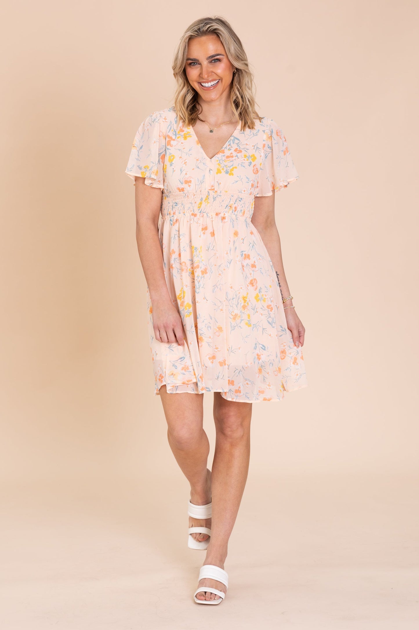 Peach Flower Print Smocked Waist Dress