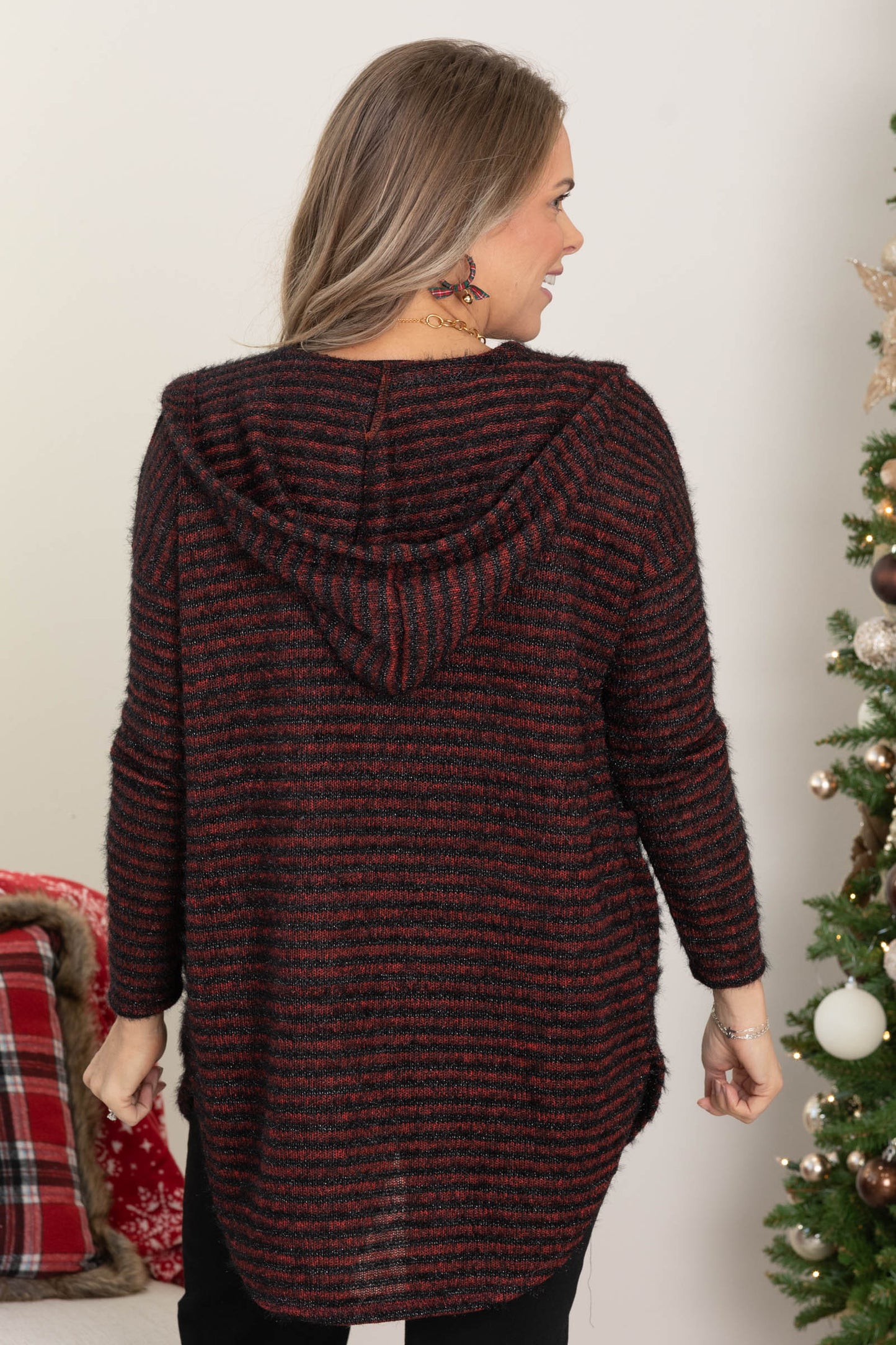 Red Striped Knit Hoodie Open Cardigan