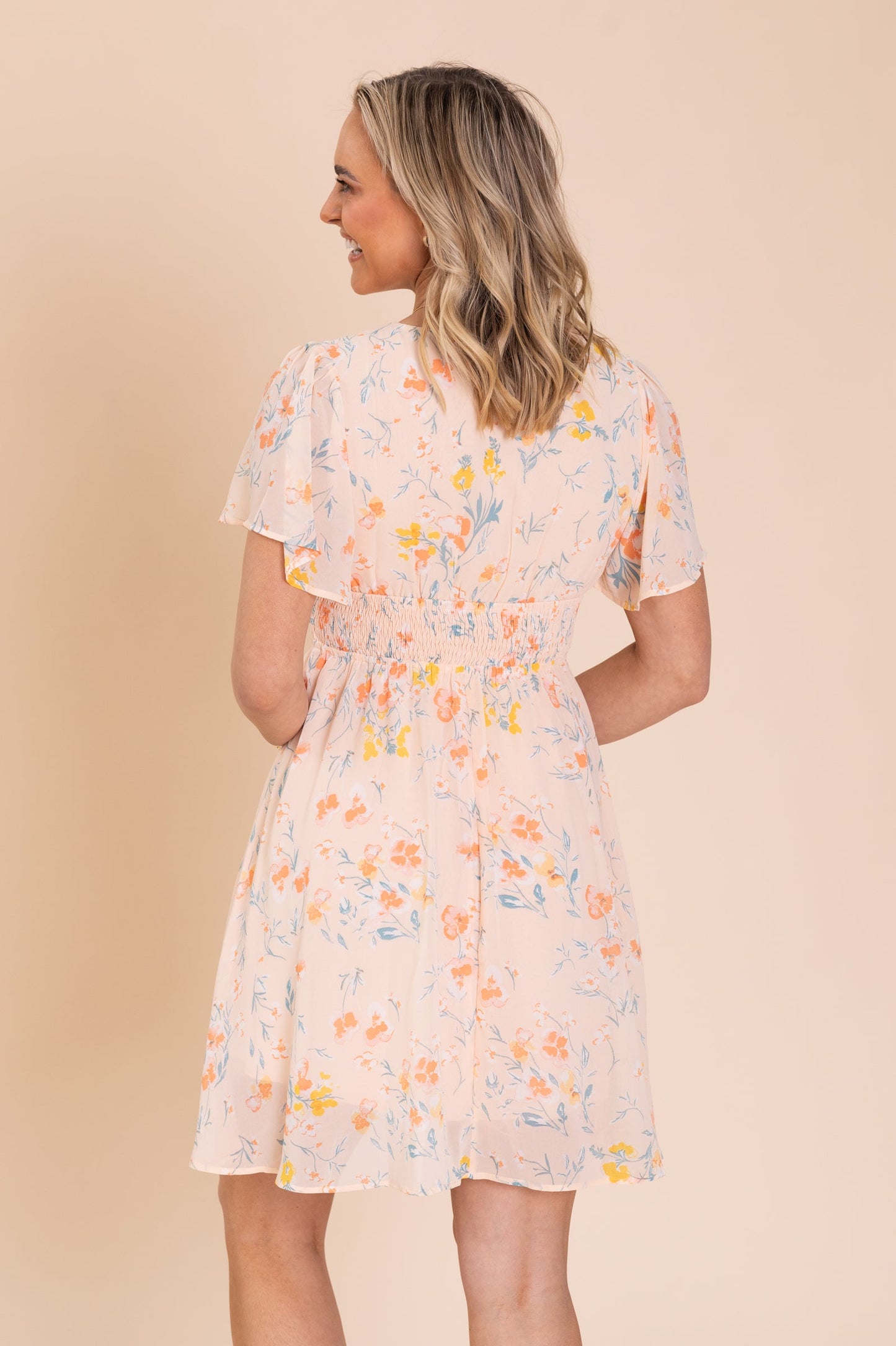Peach Flower Print Smocked Waist Dress