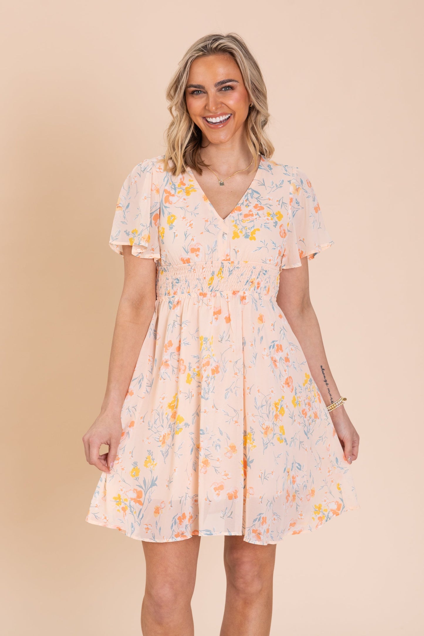 Peach Flower Print Smocked Waist Dress