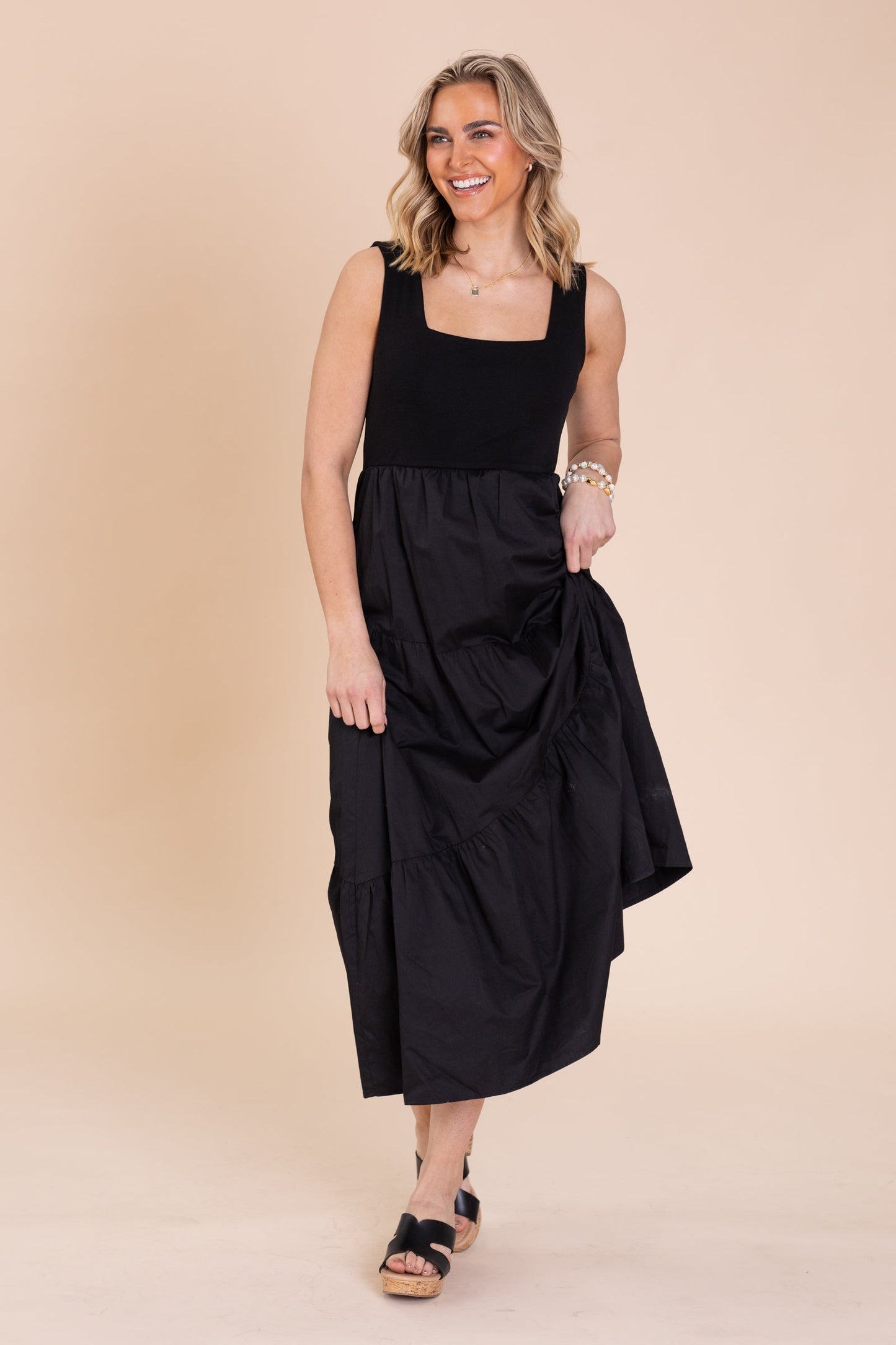 Black Tiered Mix Media Square Neck Maxi Dress