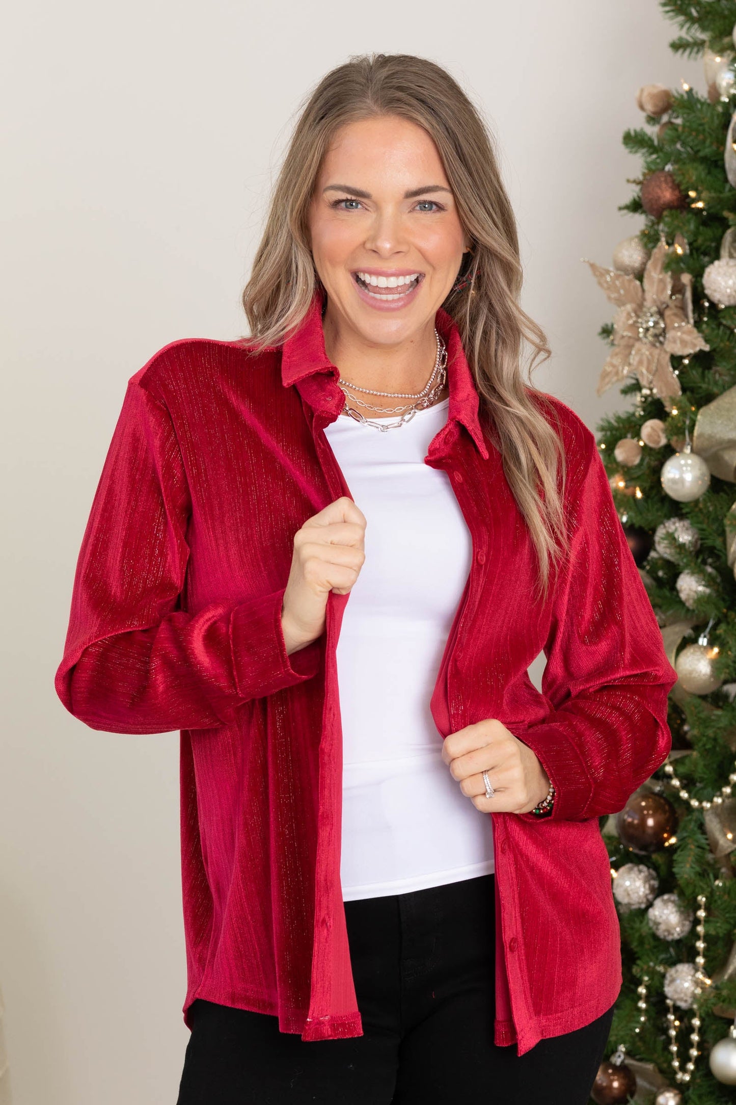 Velvet With Shimmer Button Up Knit Tops