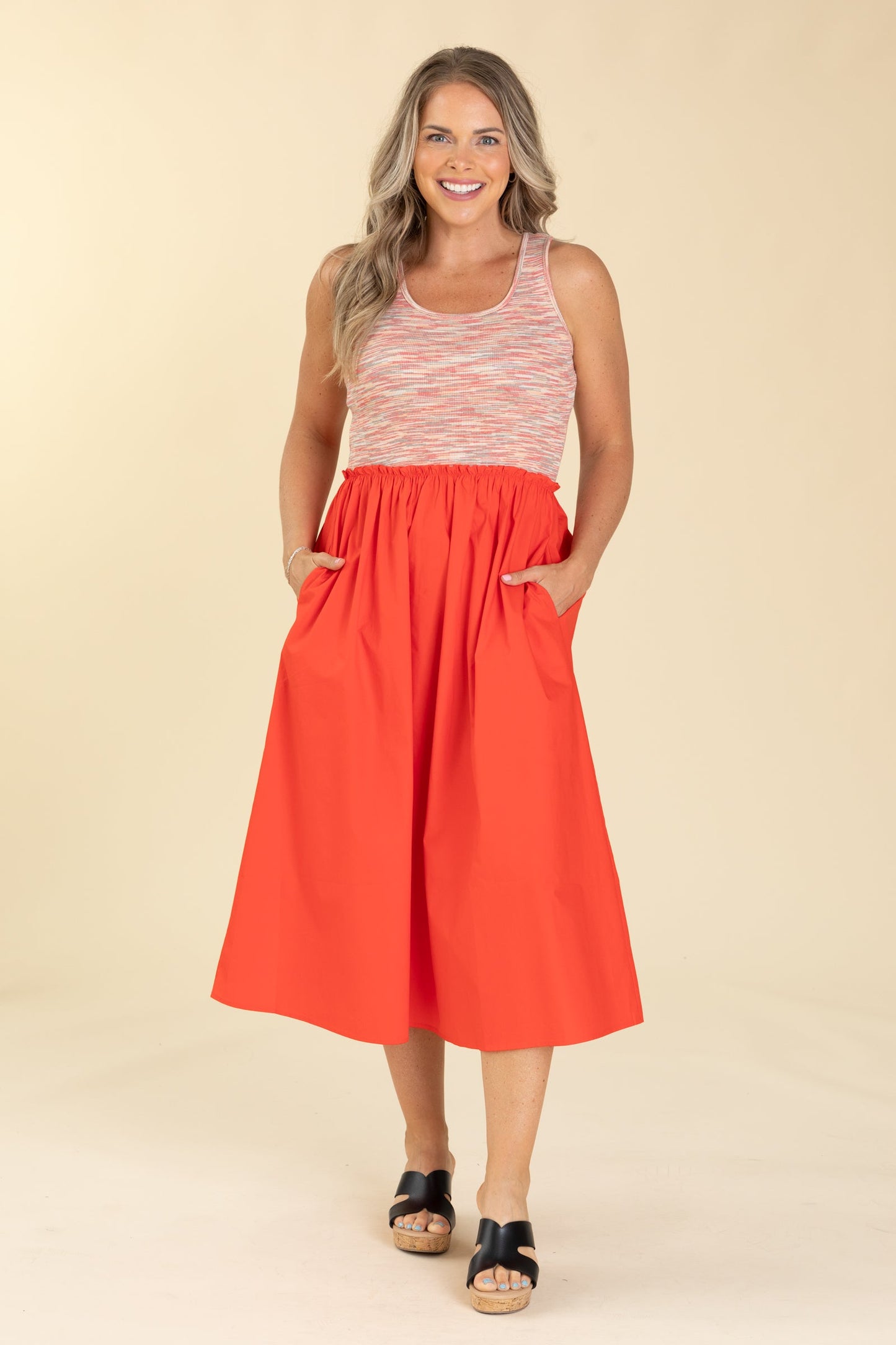 Red Multi Fabric Midi Dress With Pockets