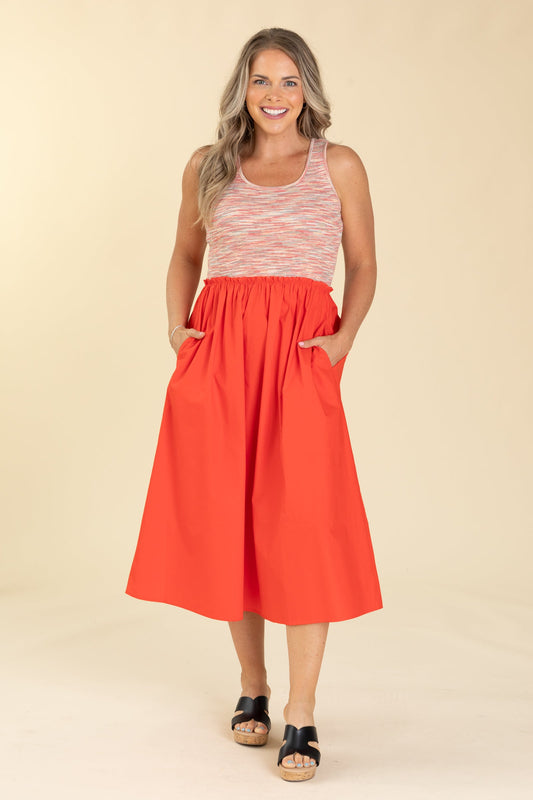 Red Multi Fabric Midi Dress With Pockets