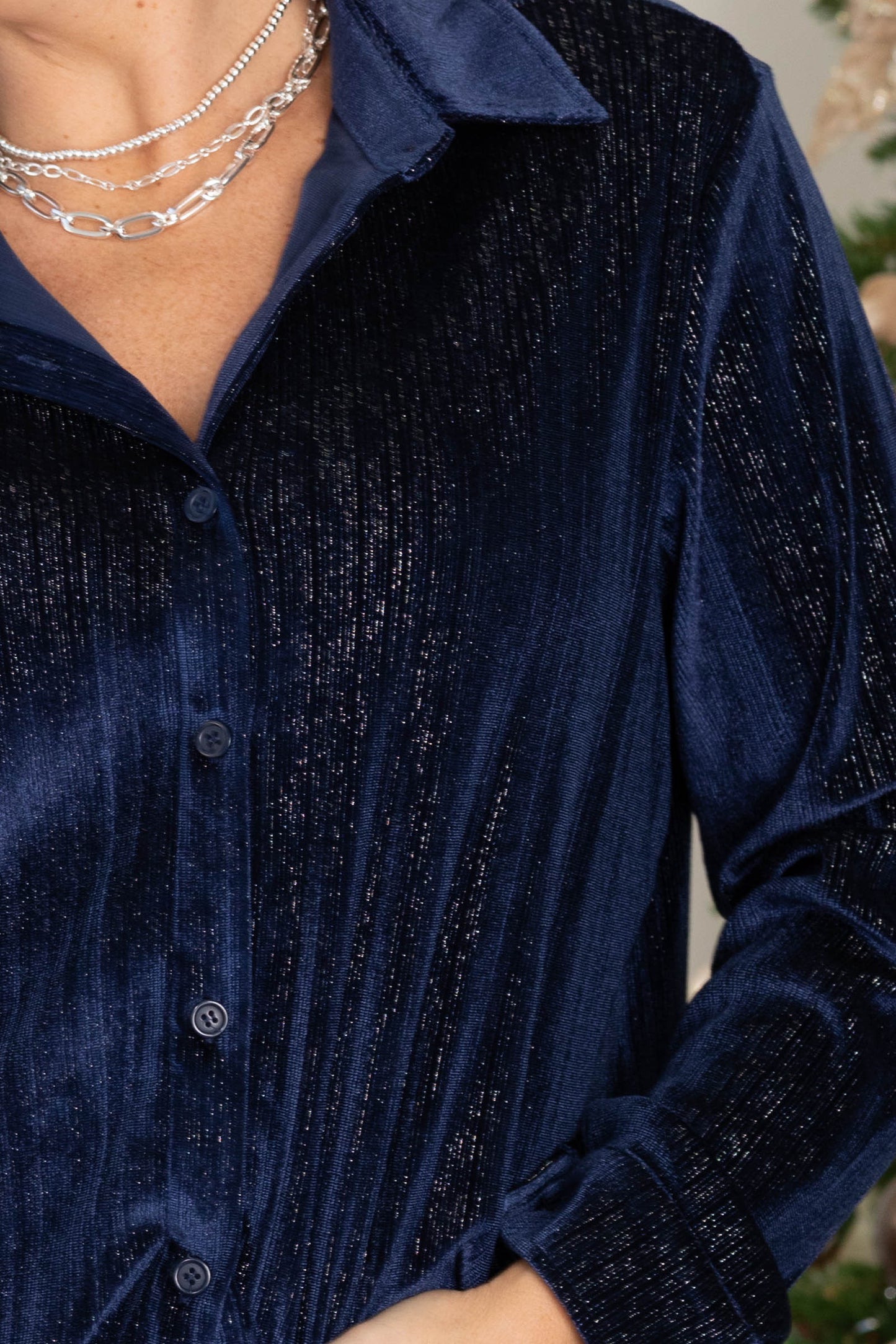 Velvet With Shimmer Button Up Knit Tops