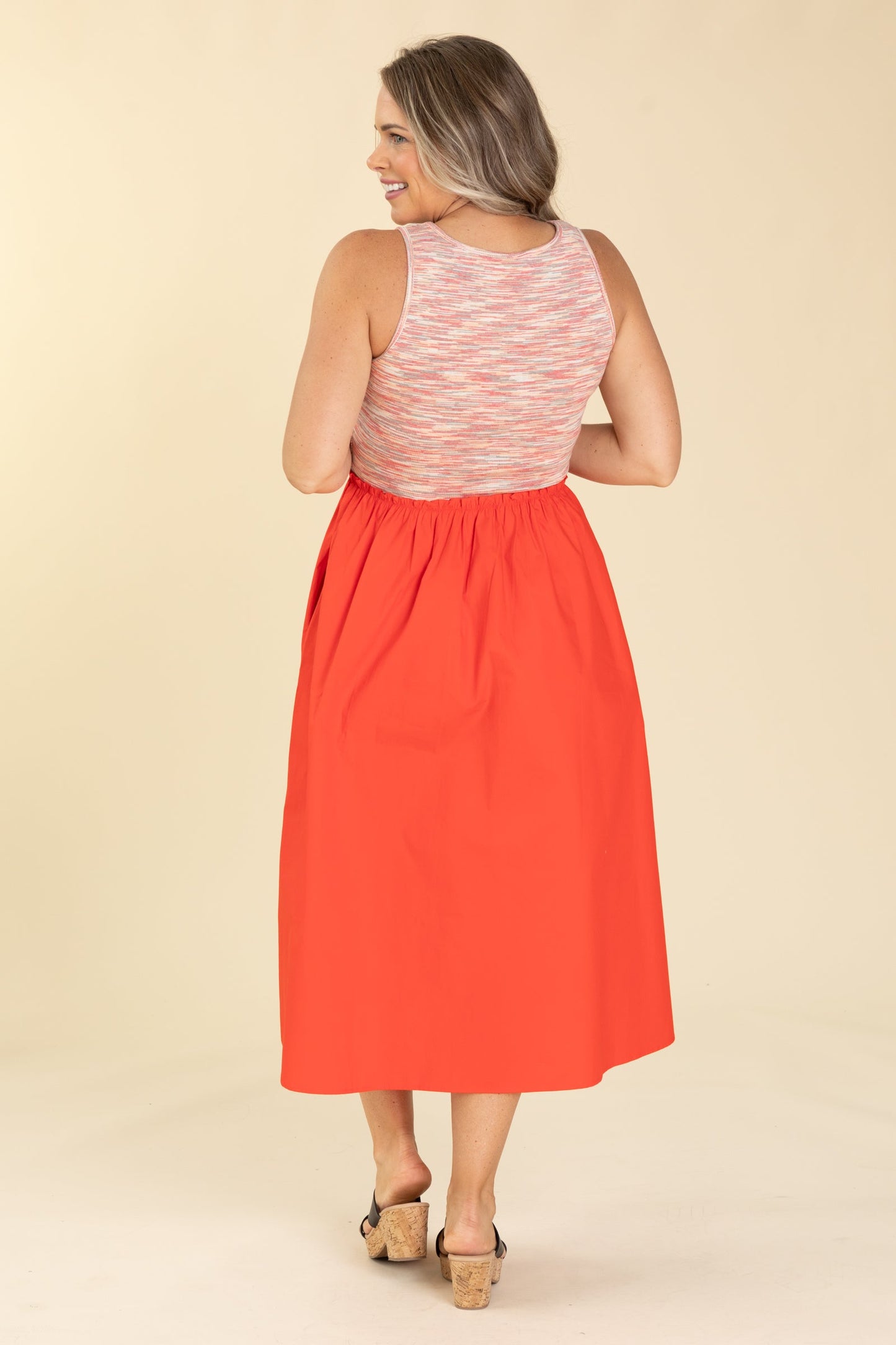 Red Multi Fabric Midi Dress With Pockets