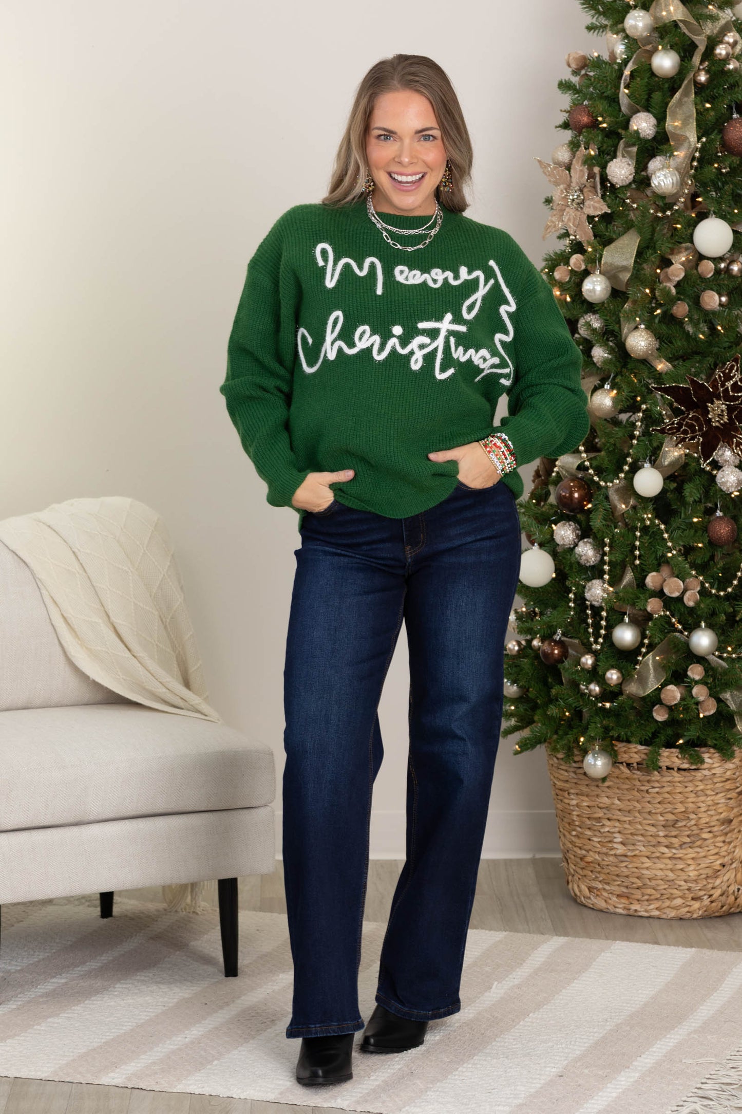 Merry Christmas Tinsel Lettering Sweater Top