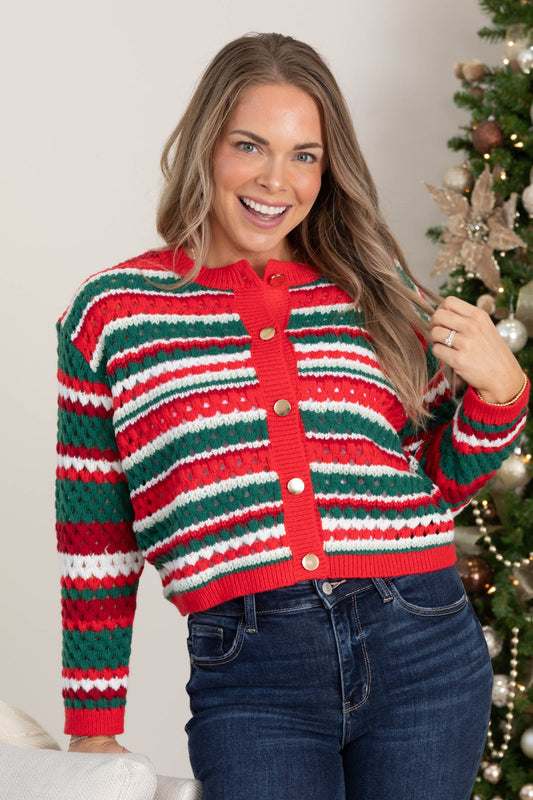 Red Multi Stripe Holiday Sweater Cardigan