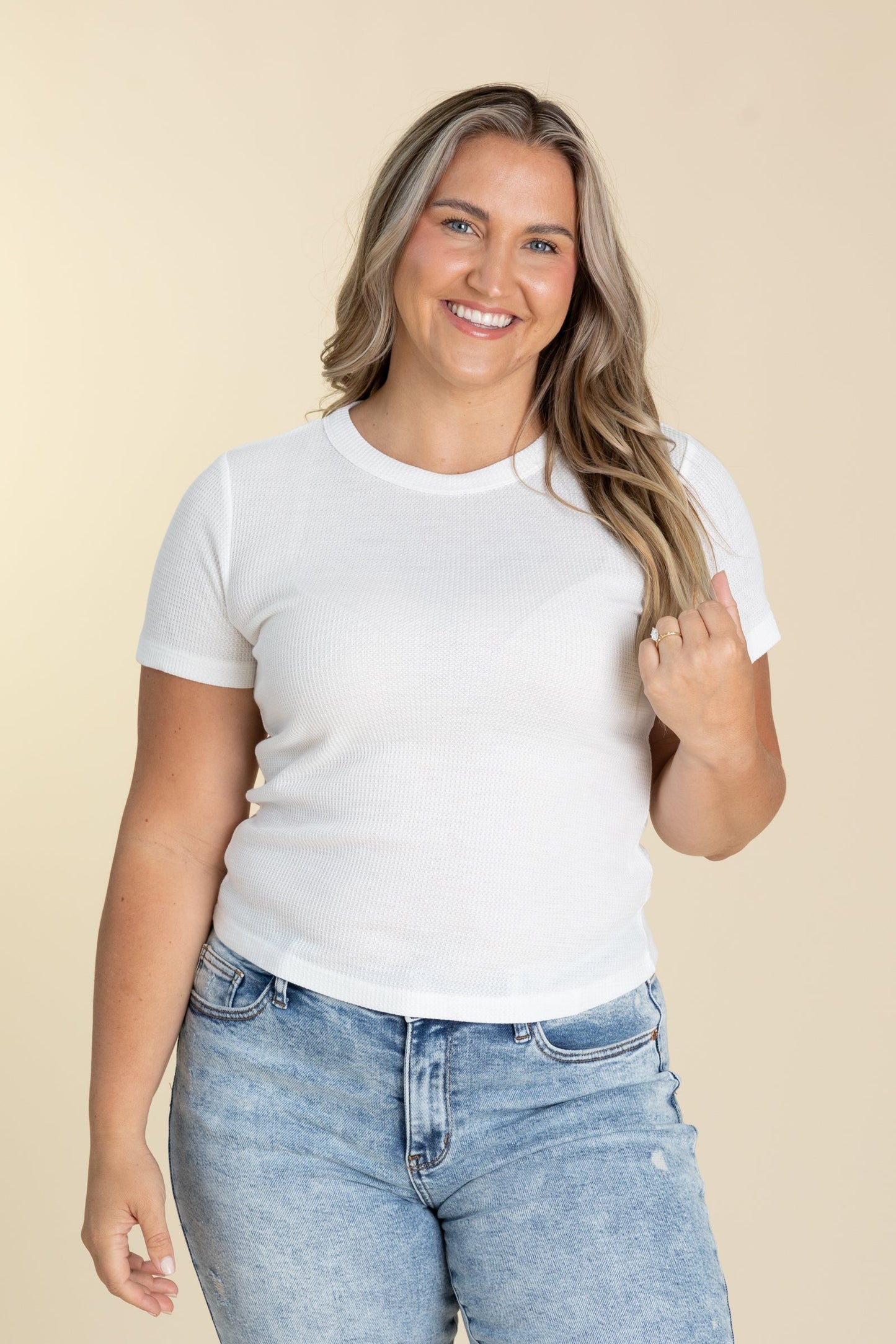 Soft Waffle Knit Slim Fitted Short Sleeve Tops