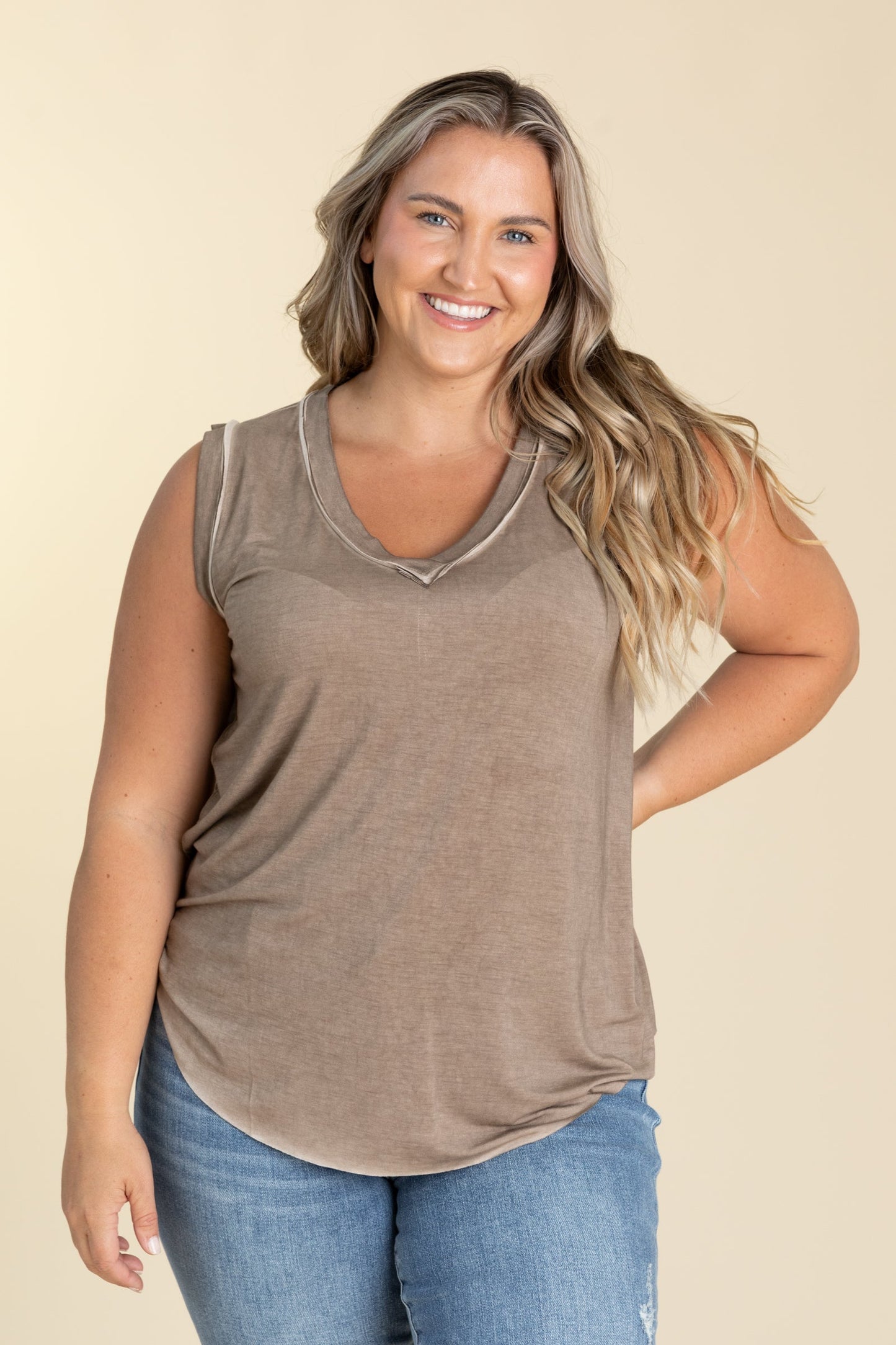 Washed V-Neck Raw Hem Knit Tanks