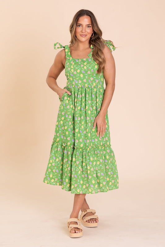 Green With Fruit Tiered Midi Sundress