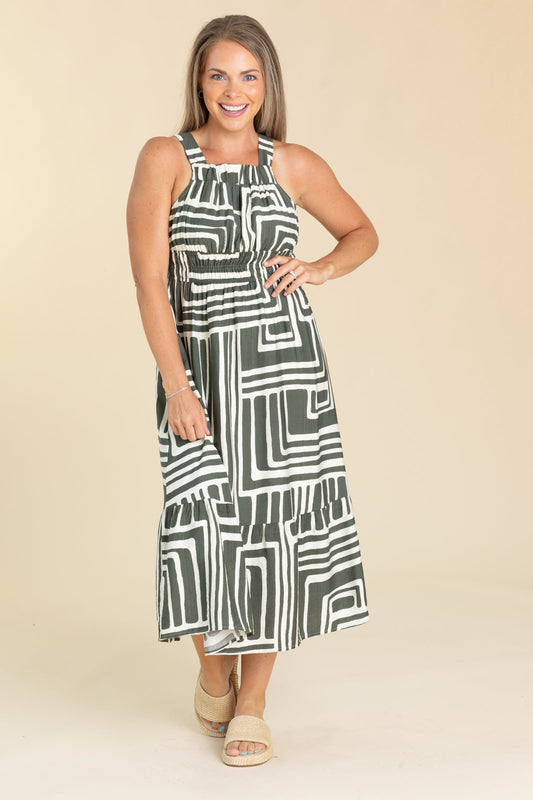 Olive Printed Summer Midi Boho Dress
