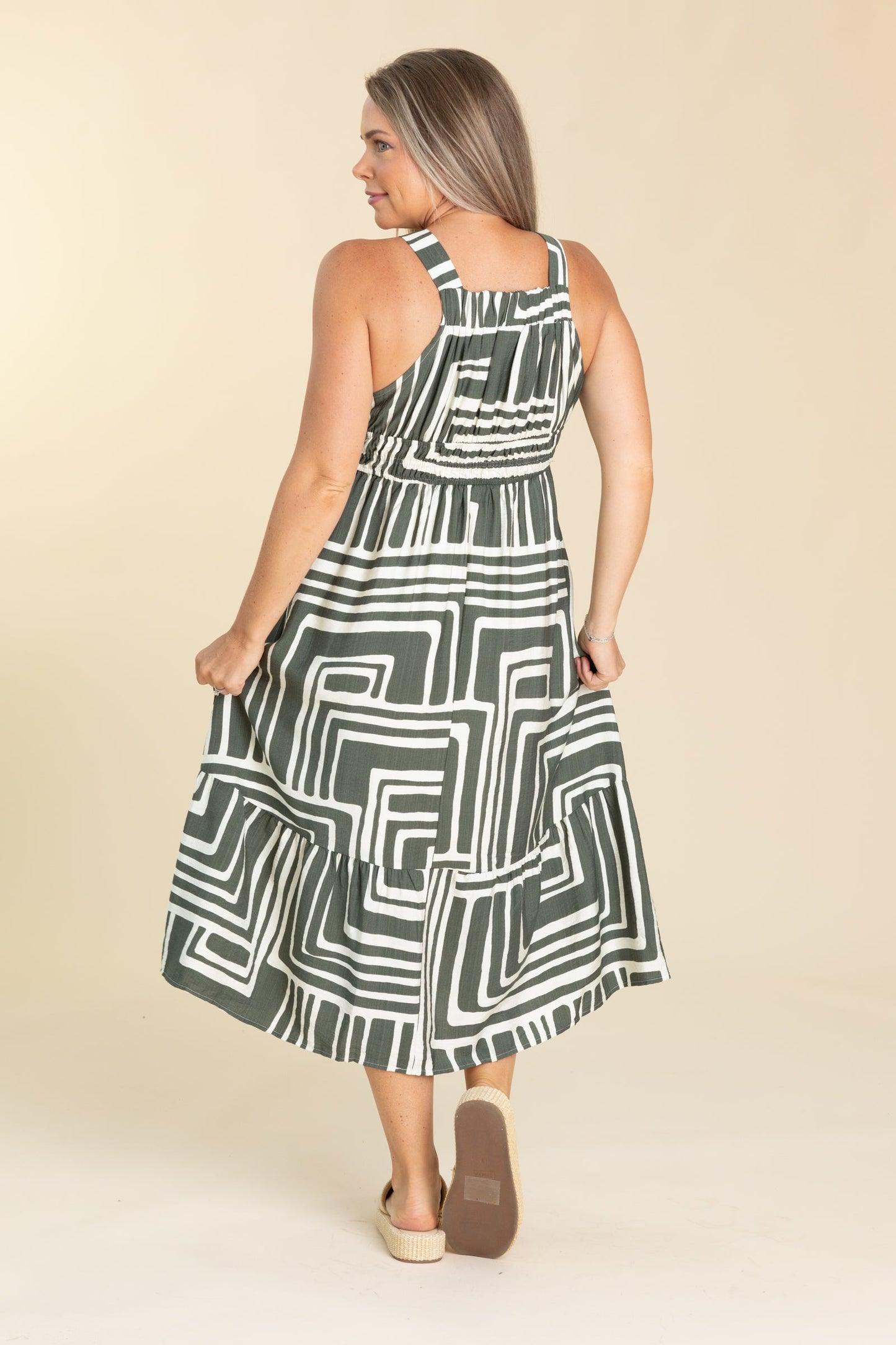 Olive Printed Summer Midi Boho Dress