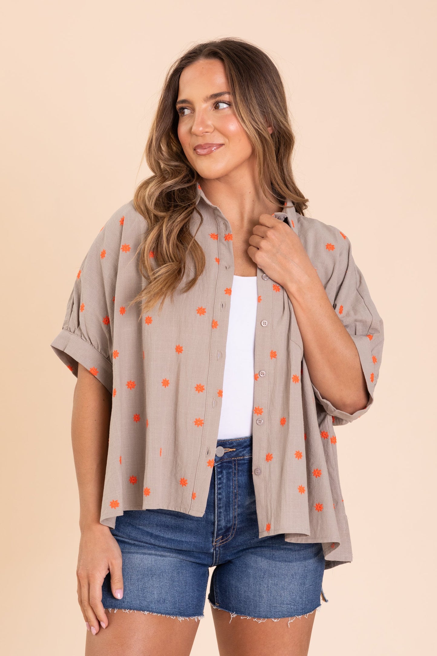 Ash Mocha Embroidery Detailing Linen Shirt