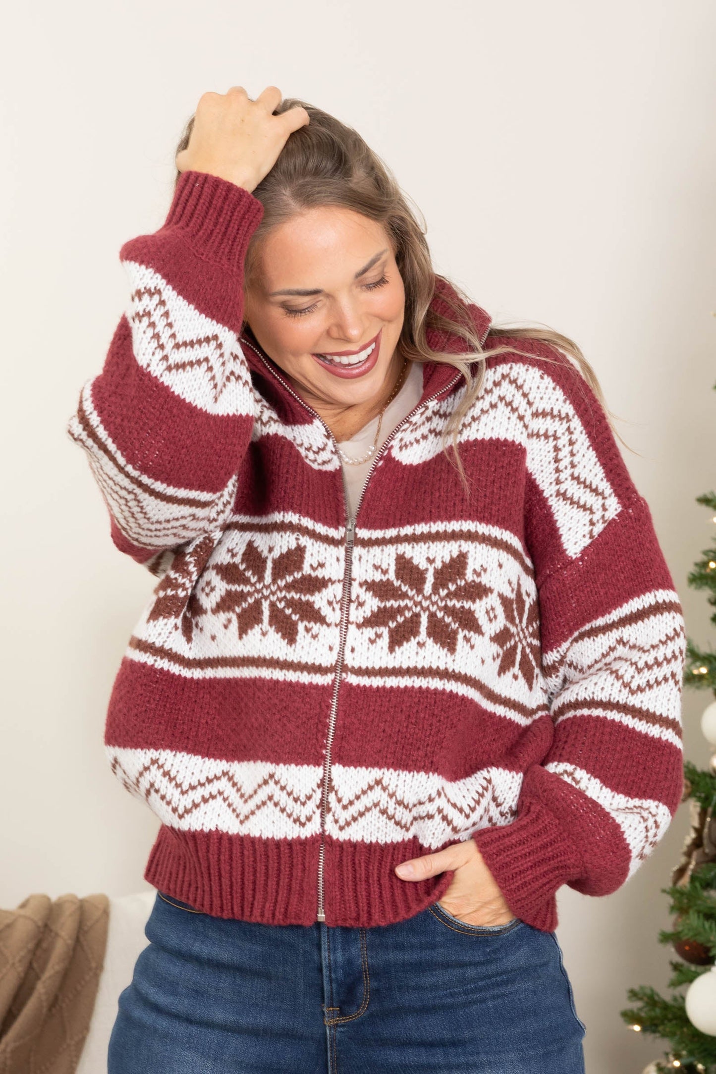 Burgundy Collared Fair Isle Sweater Jacket