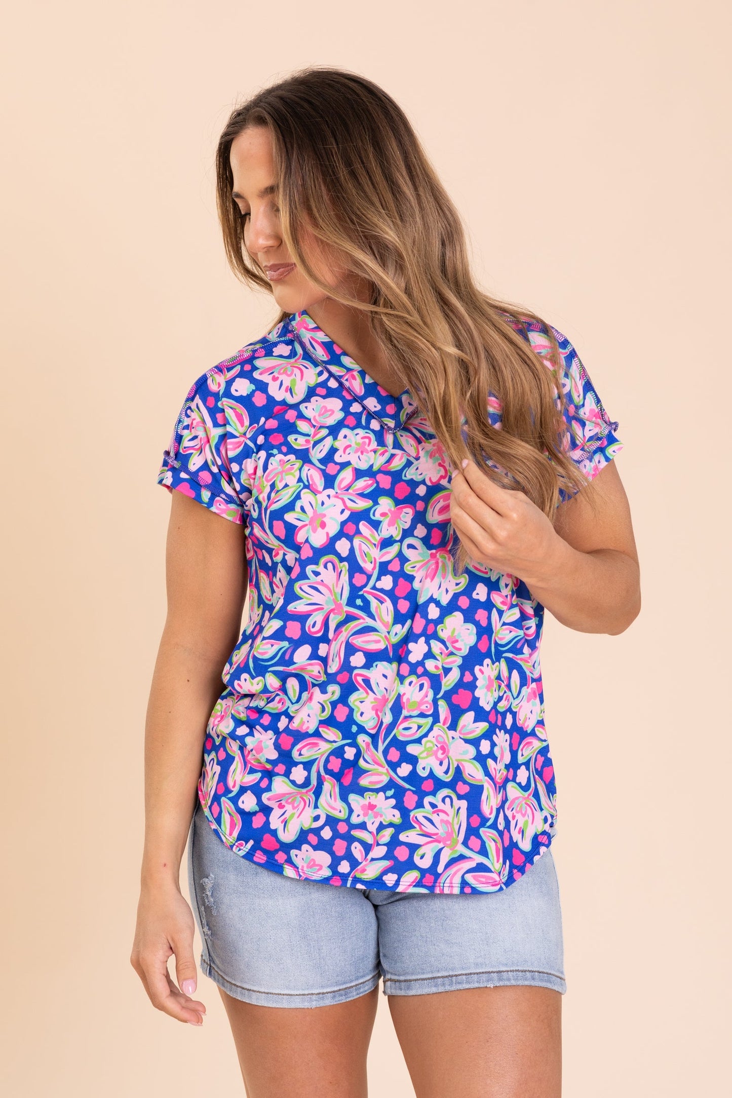Royal Blue Dolman Short Sleeve Floral Knit Top