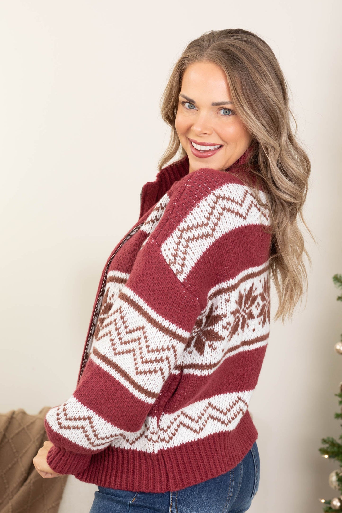 Burgundy Collared Fair Isle Sweater Jacket