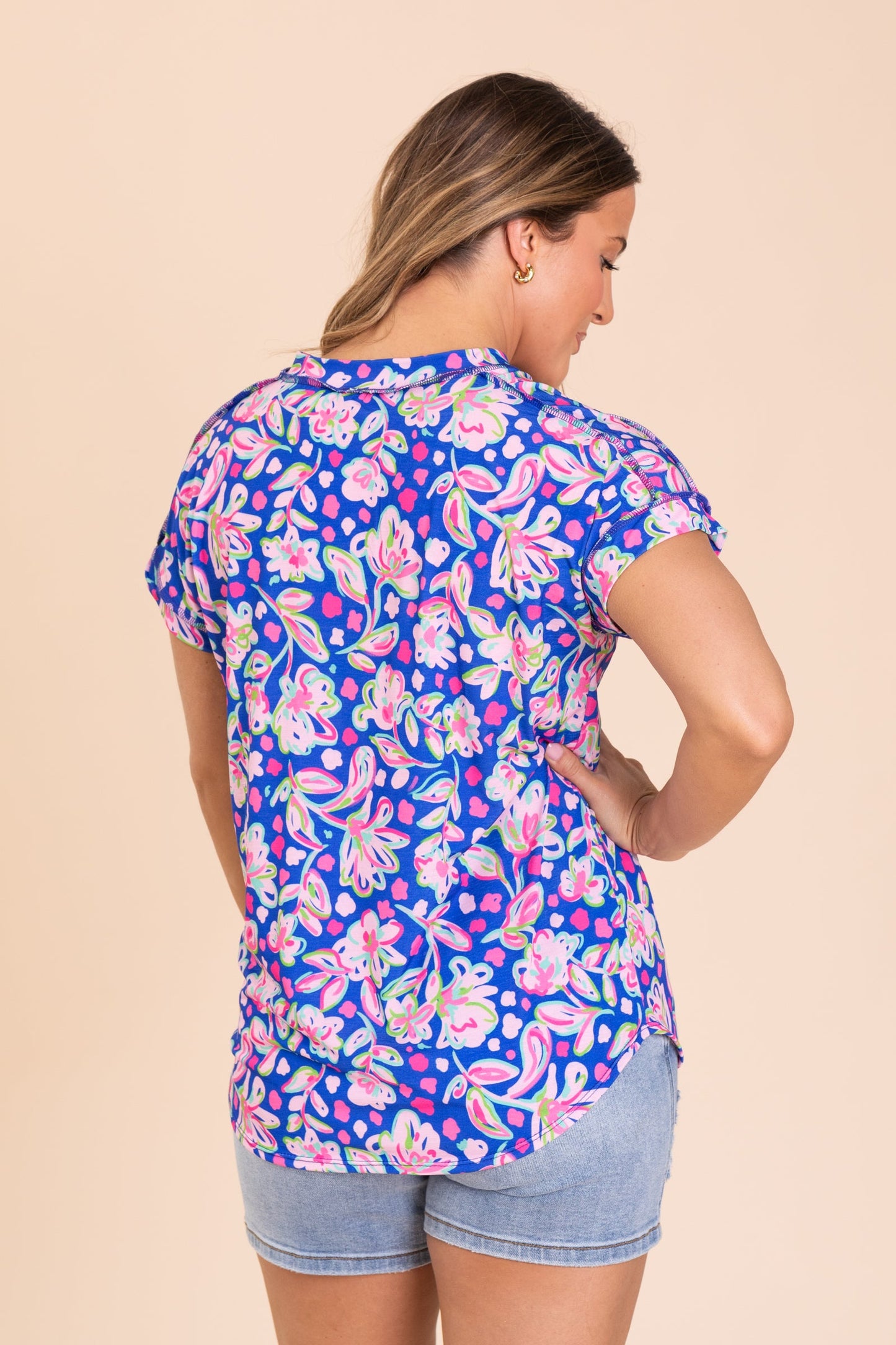 Royal Blue Dolman Short Sleeve Floral Knit Top