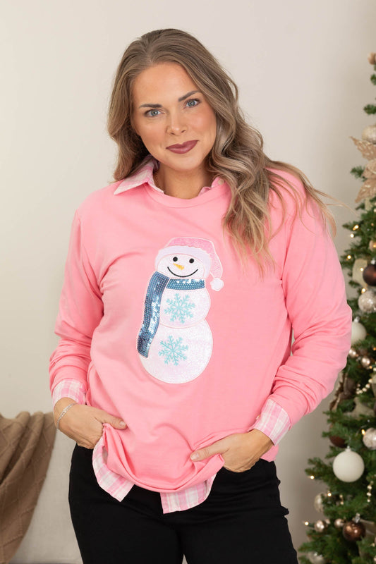 Pink Long Sleeve With Glitter Snowman