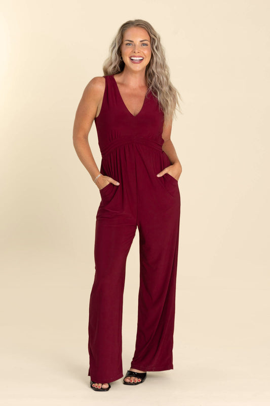 Burgundy V-Neck Sleeveless Back Tie Jumpsuit