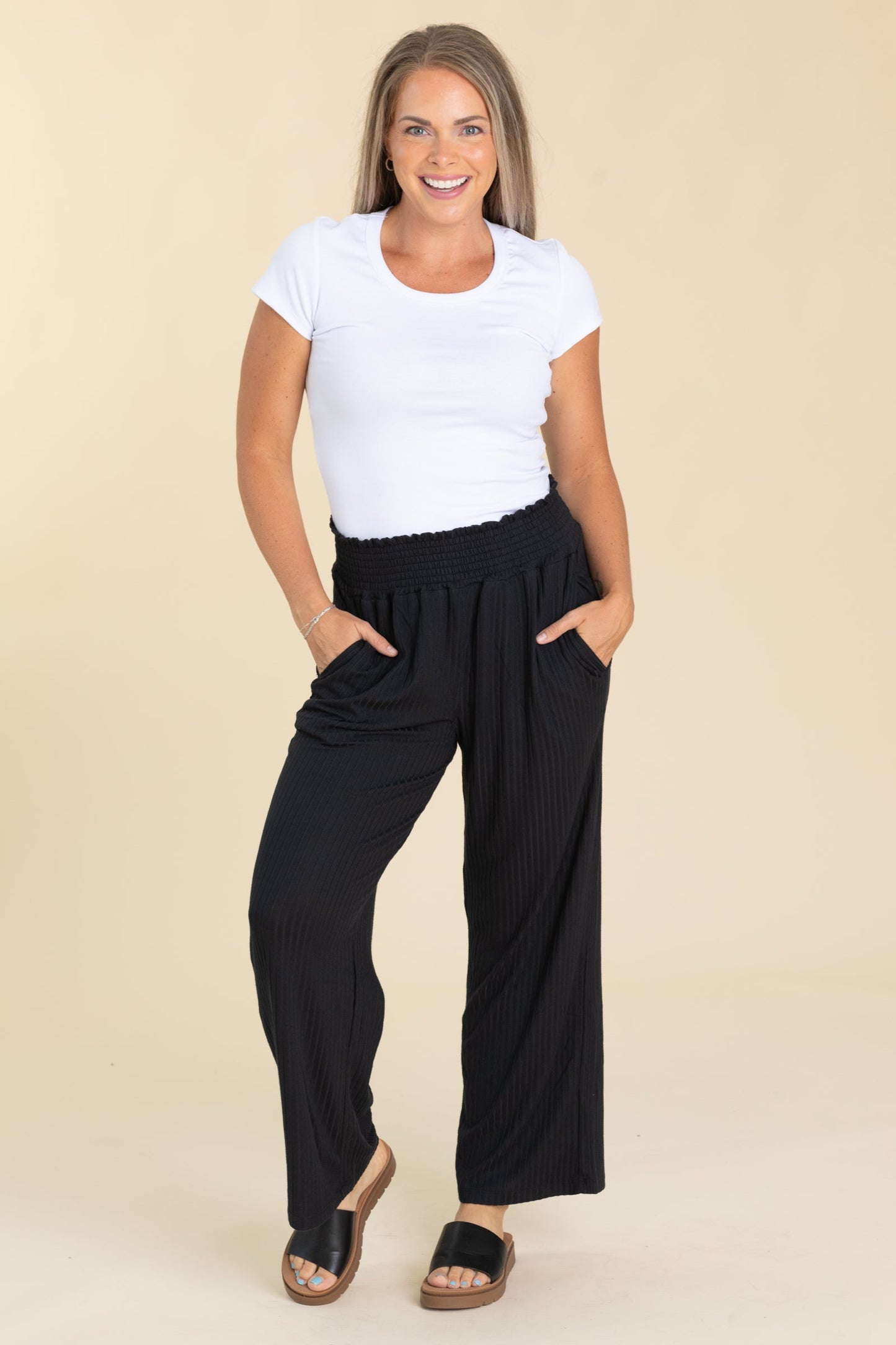 Smocked Waistband Ribbed Wide Leg Pants