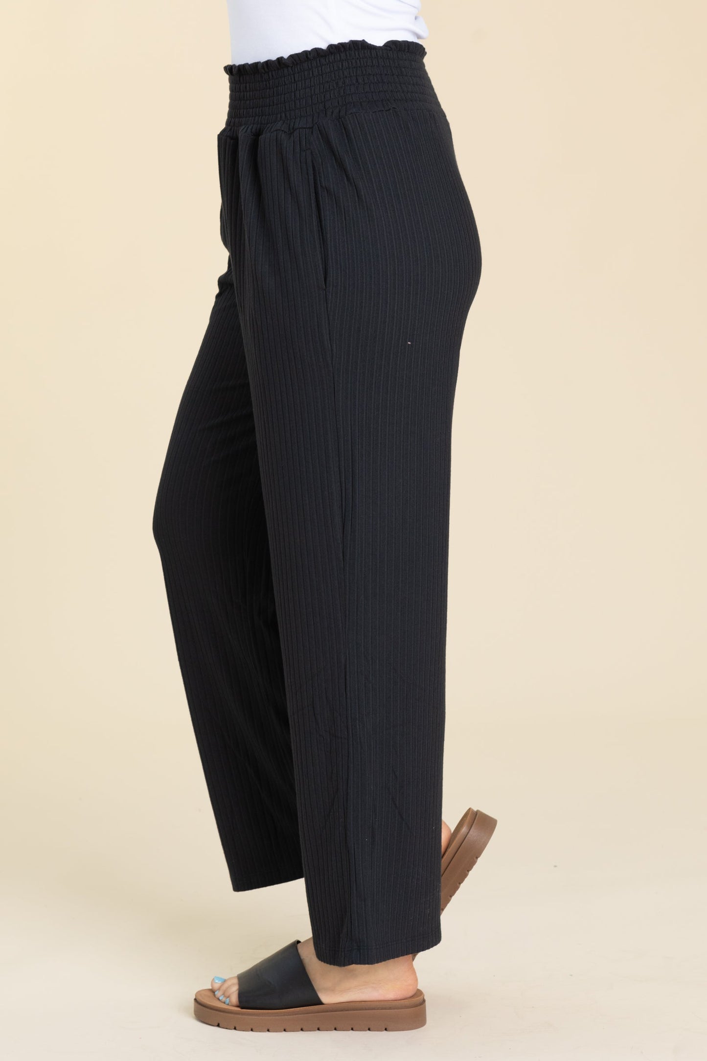 Smocked Waistband Ribbed Wide Leg Pants