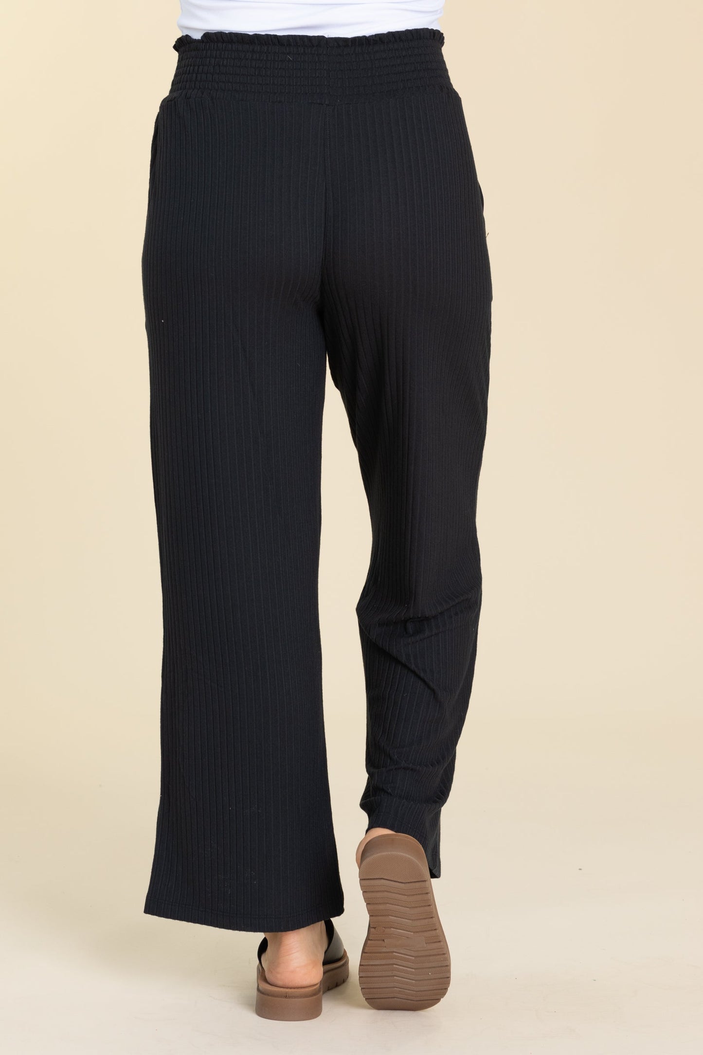 Smocked Waistband Ribbed Wide Leg Pants