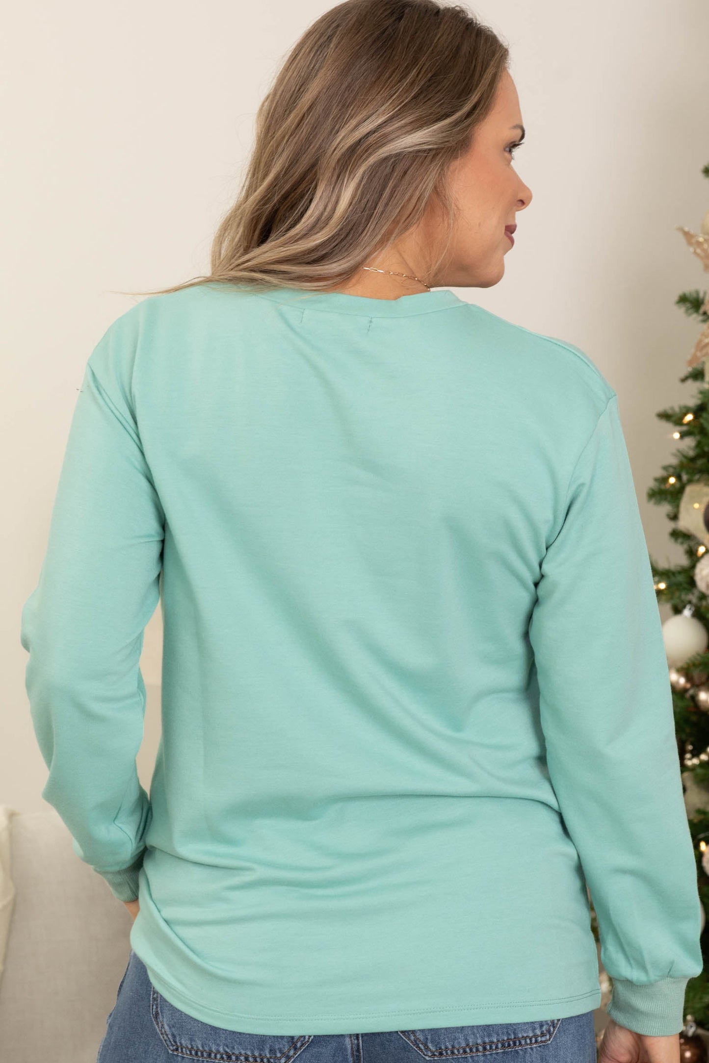 Mint Long Sleeve With Sequin Christmas Tree