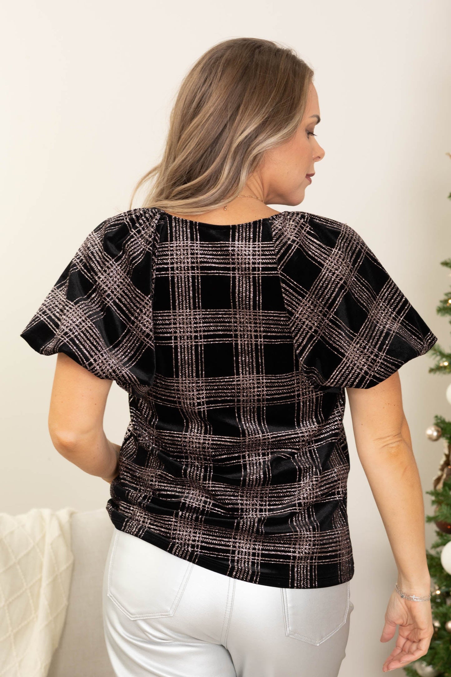Black And Pink Shimmering Plaid Woven Top