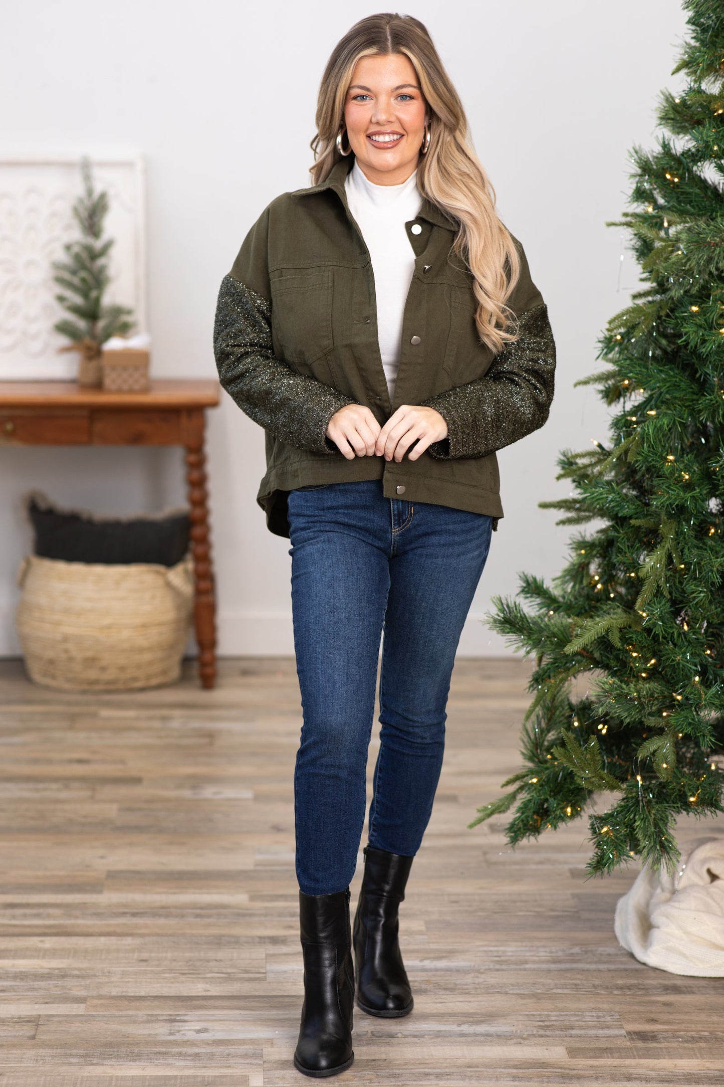 Olive Jacket With Lurex Sleeves