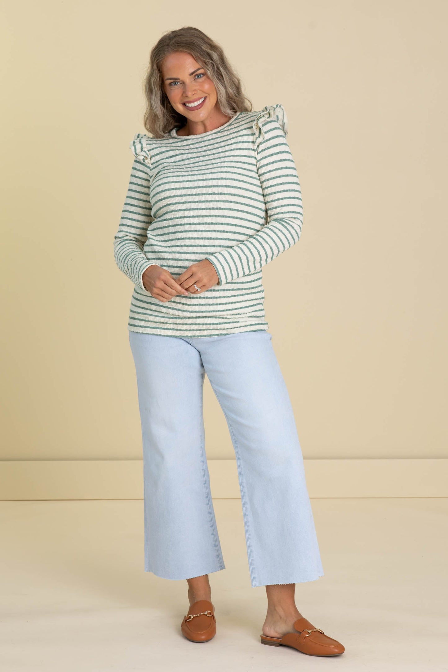 Dark Sage Stripe Ruffle Shoulder Knit Top