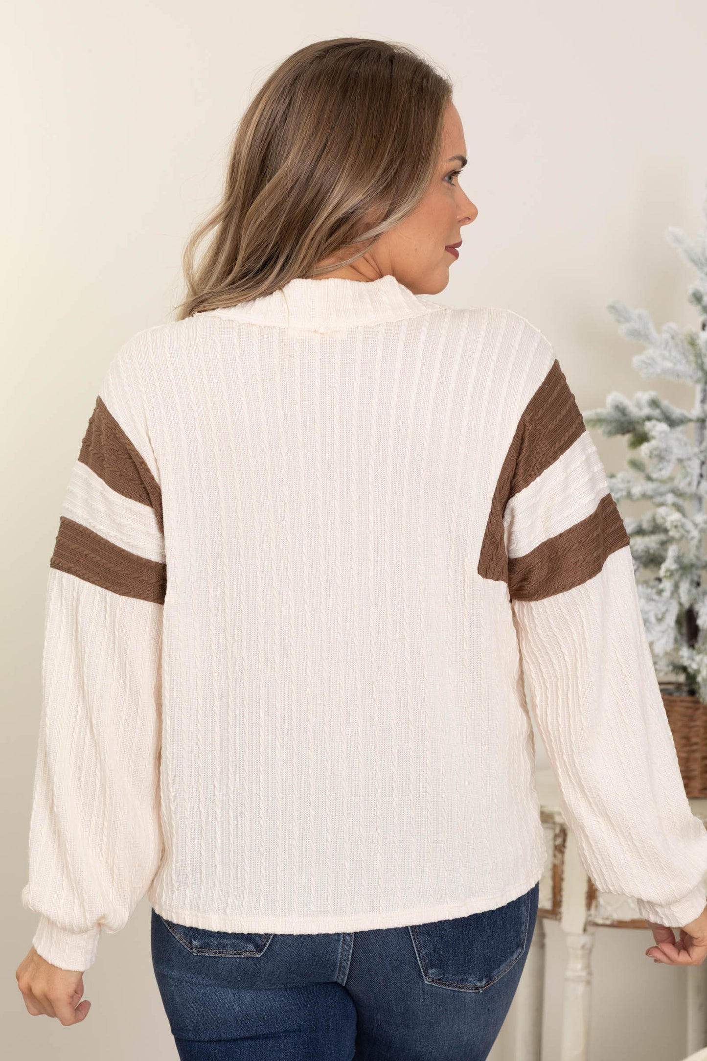 Cream Stripe Textured V-Neck Knit Top