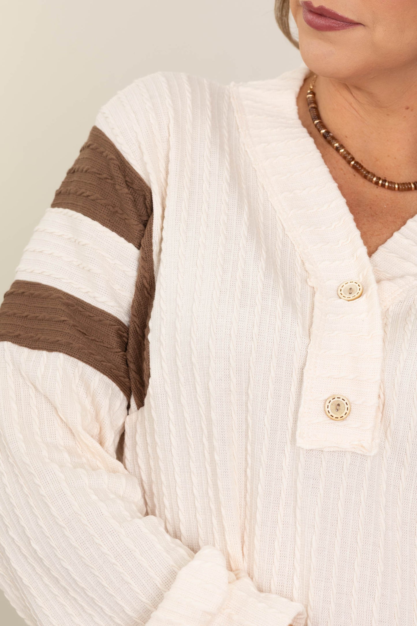 Cream Stripe Textured V-Neck Knit Top