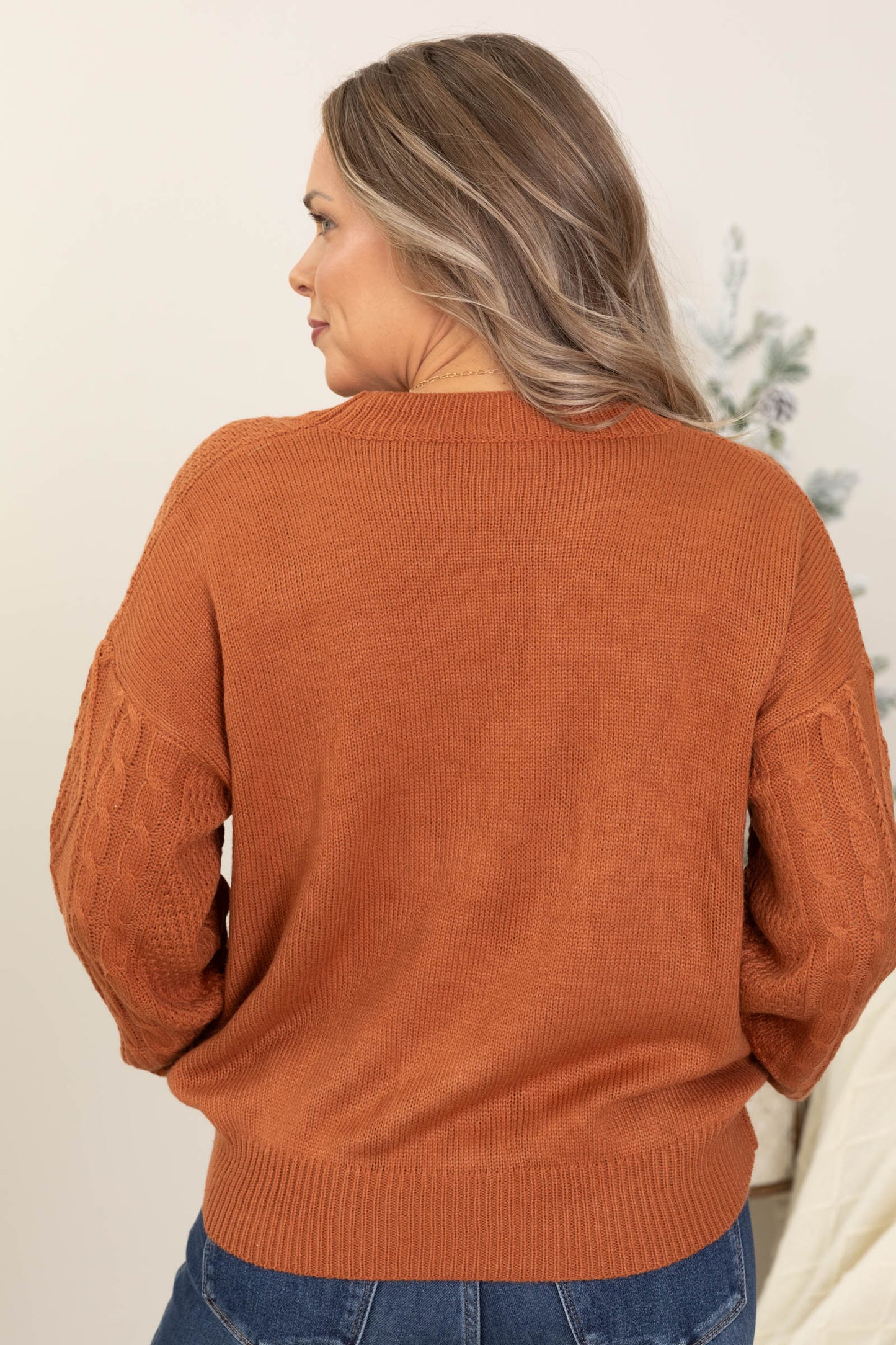 Burnt Orange Flower Cable Knitted Sweater
