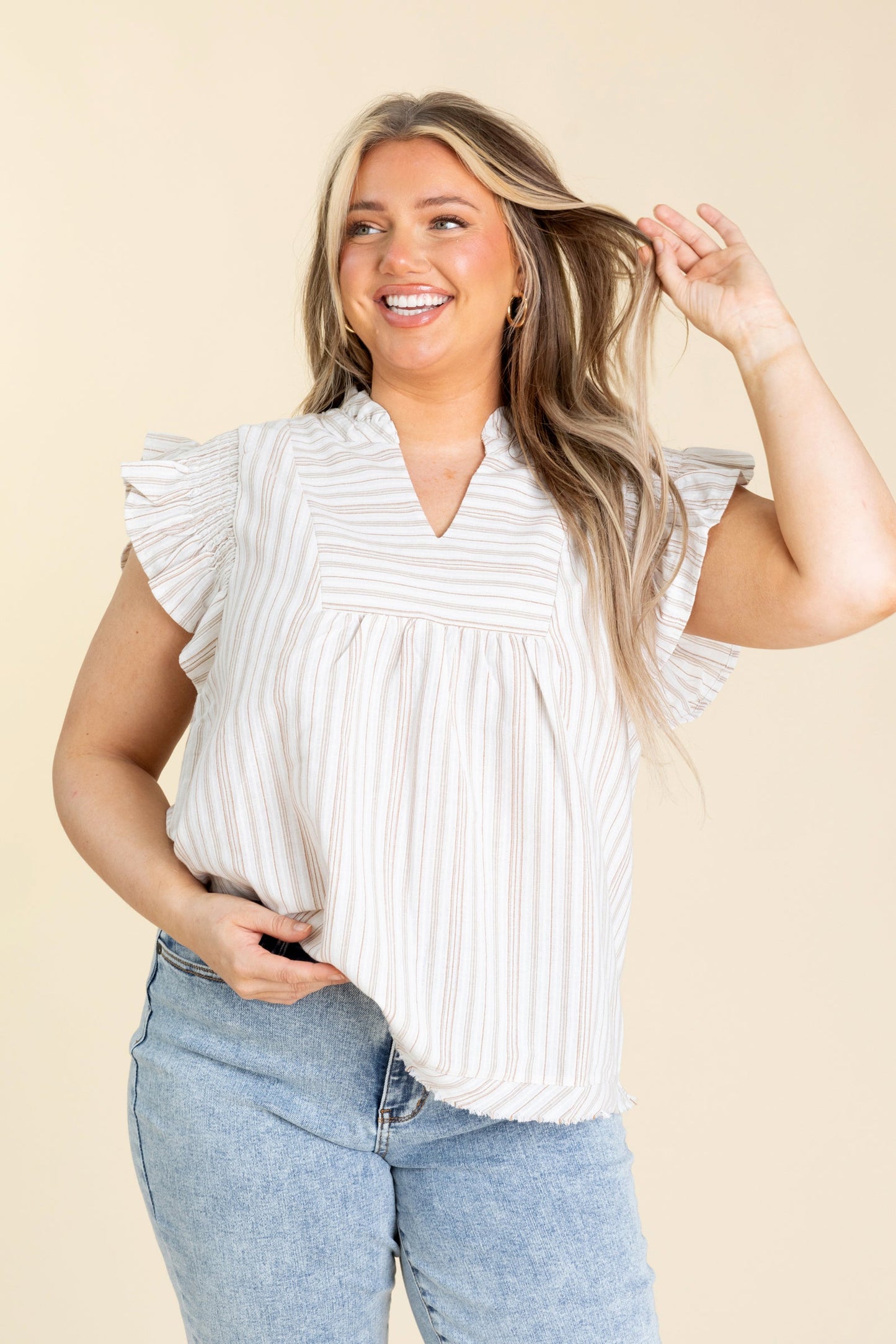 Taupe And Beige Stripe V-Neck Woven Top