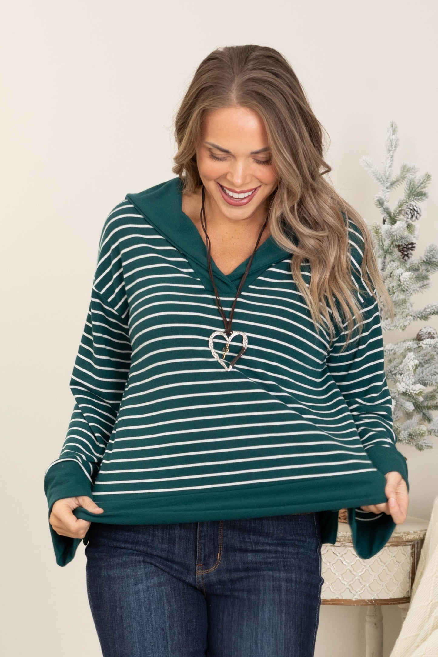 Emerald Green Stripe Bell Sleeve Knit Top