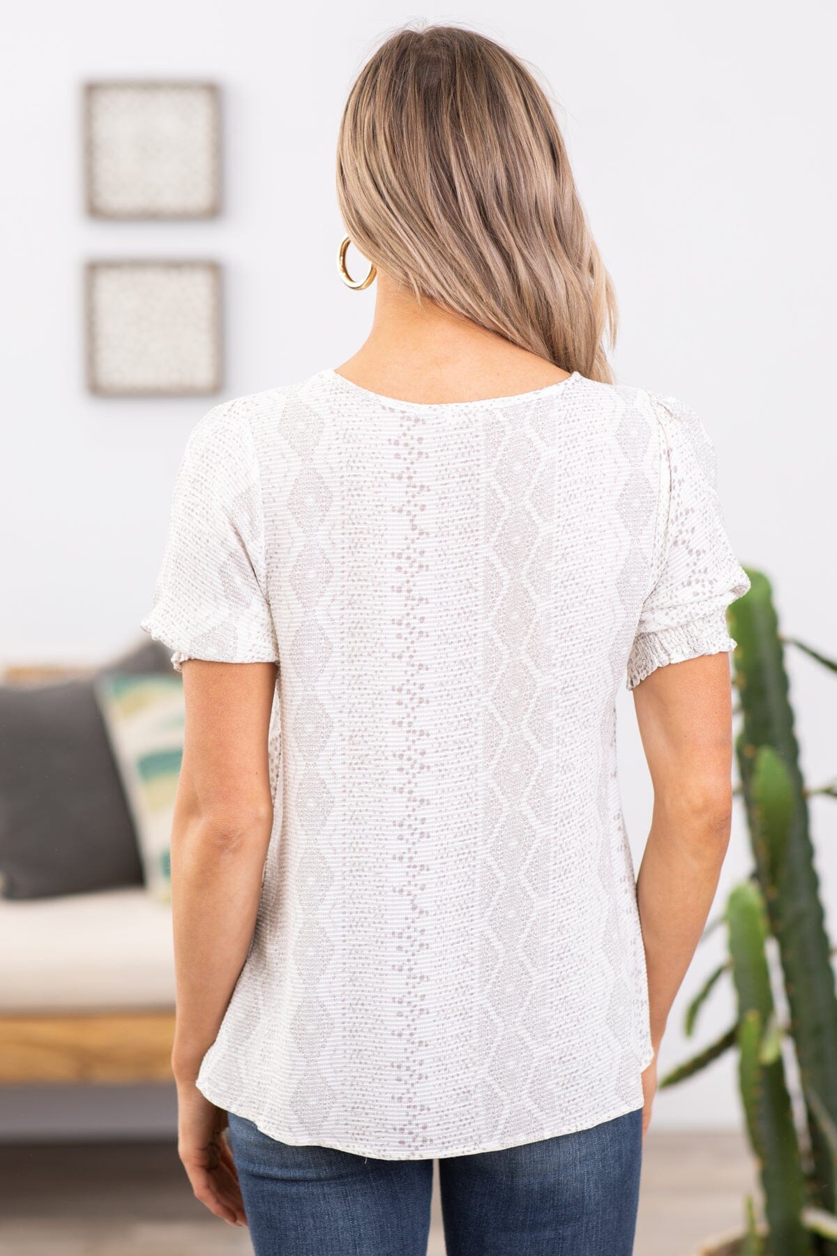 Ivory Puff Sleeve Snakeskin Print Top