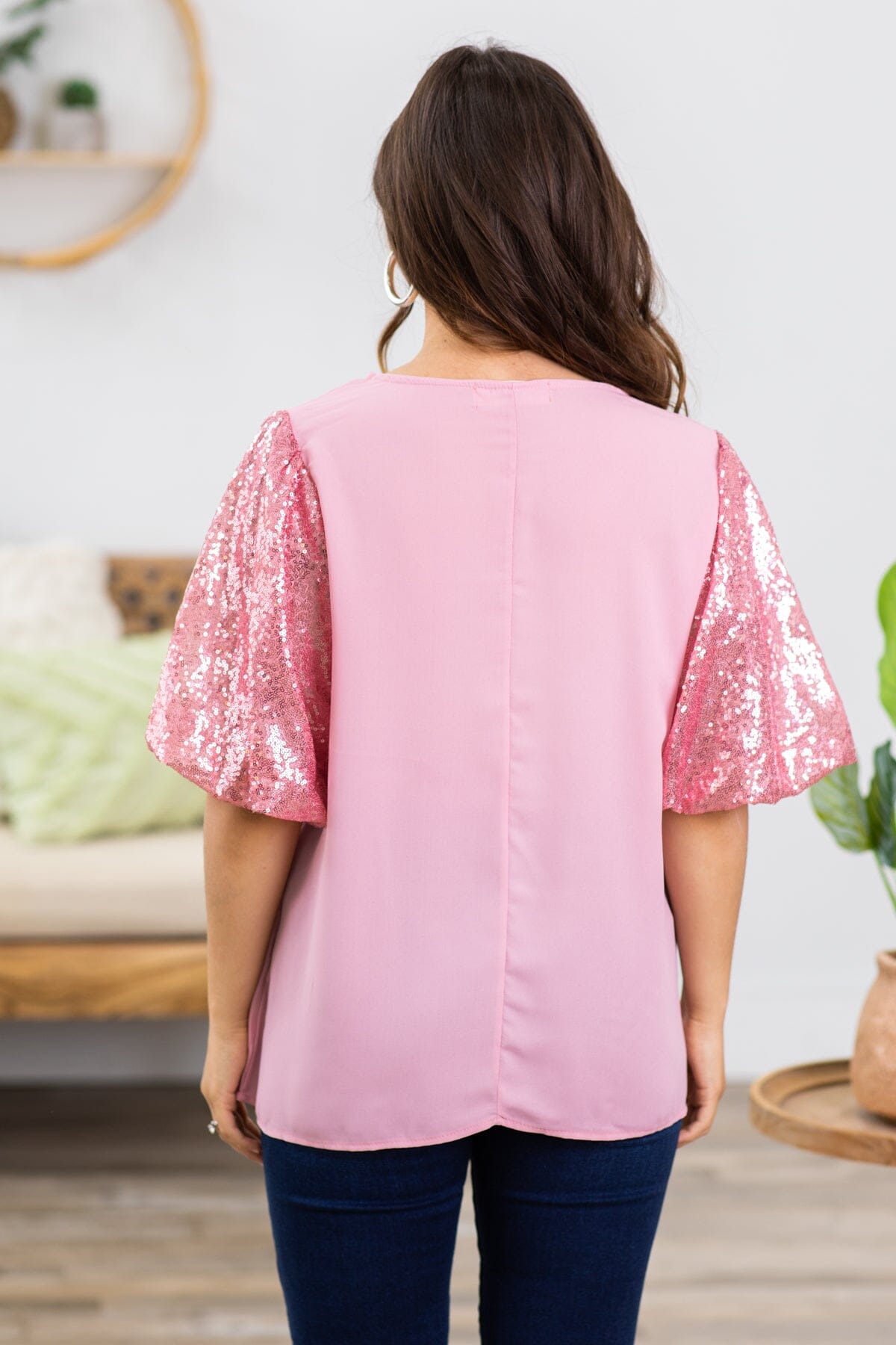 Pink Two Tone Sequin Balloon Sleeve Top