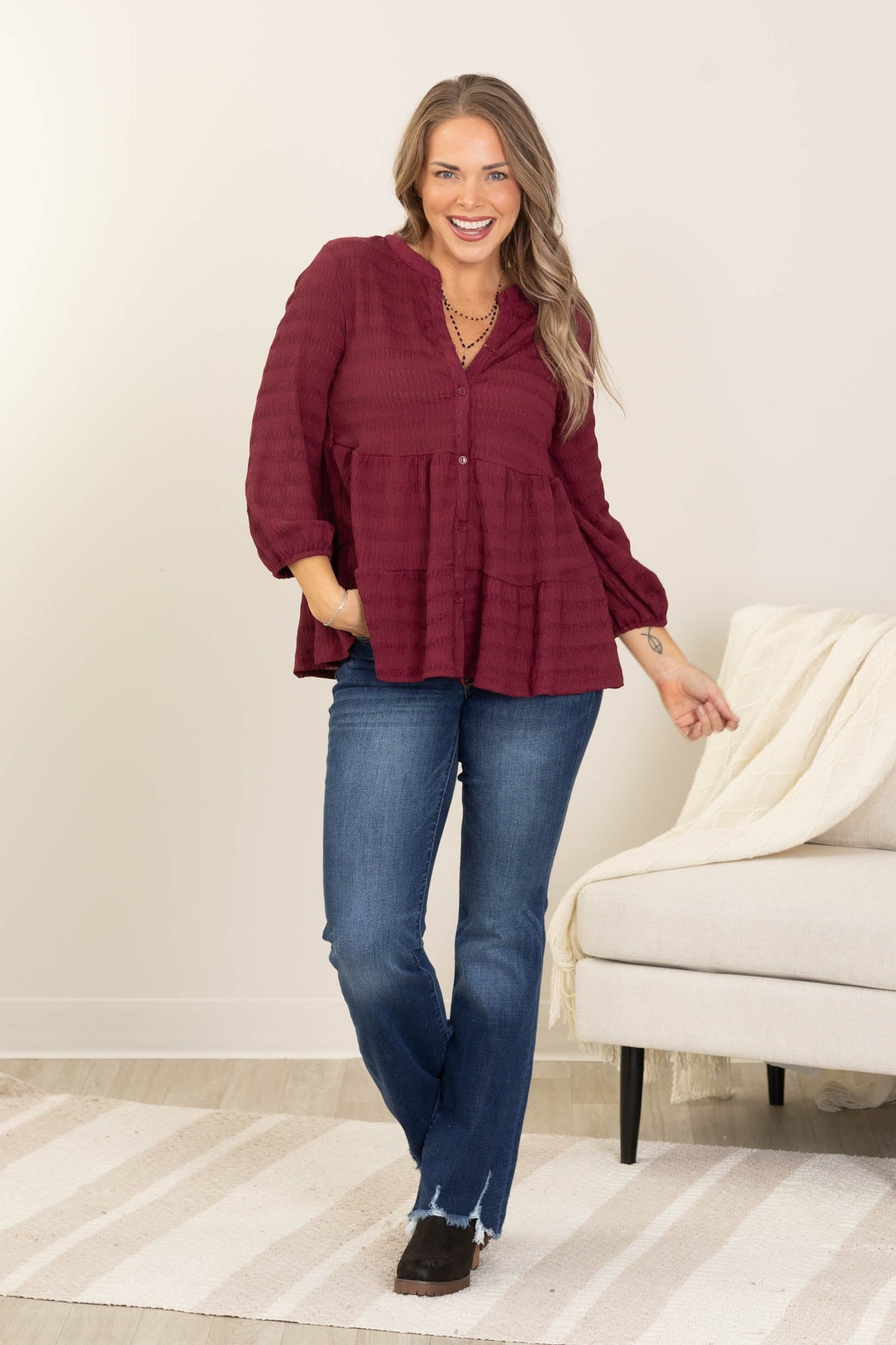 Wine Button Down Tiered Woven Top