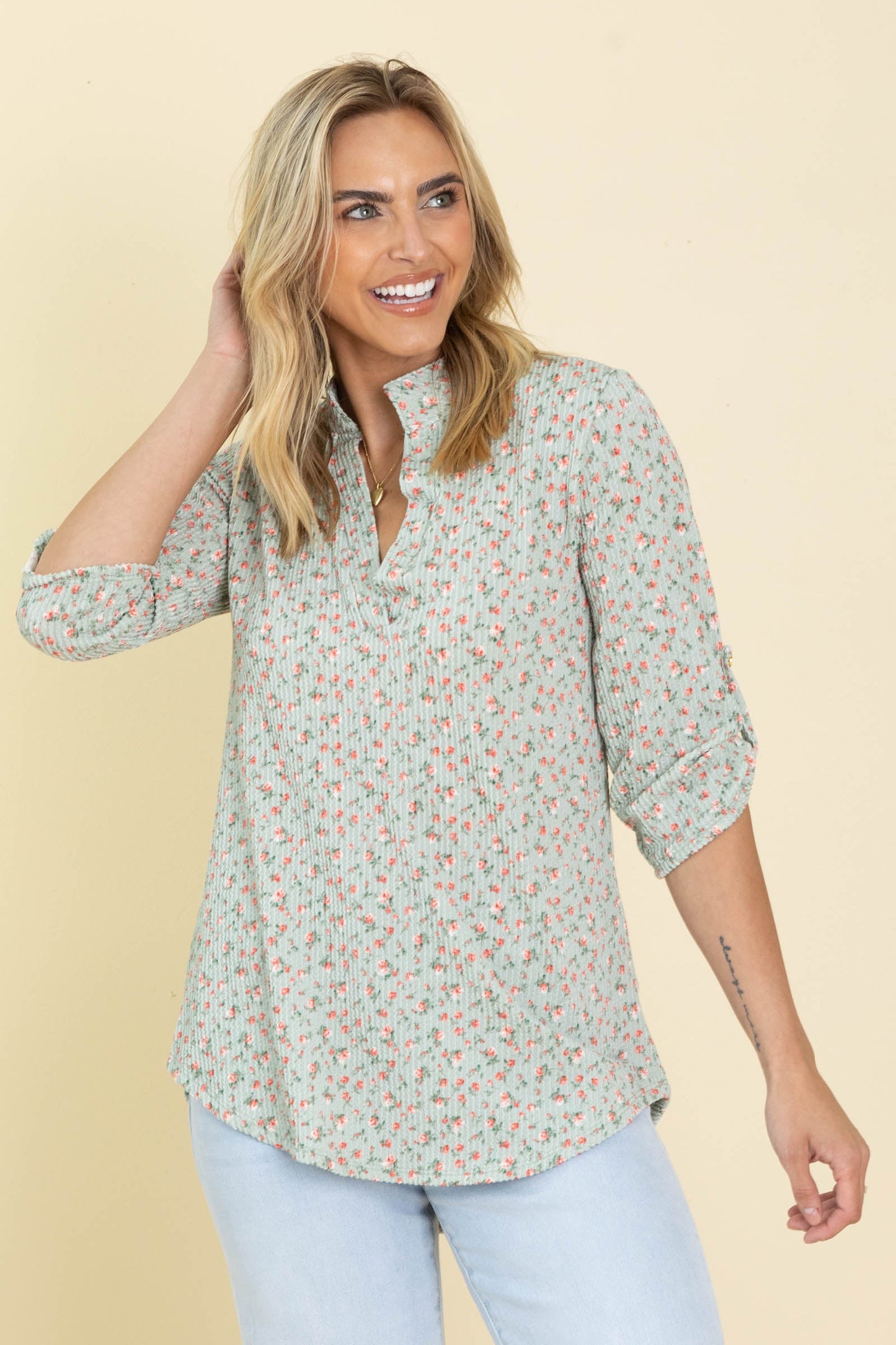 Sage Ribbed Ditsy V-Neck Knit Top