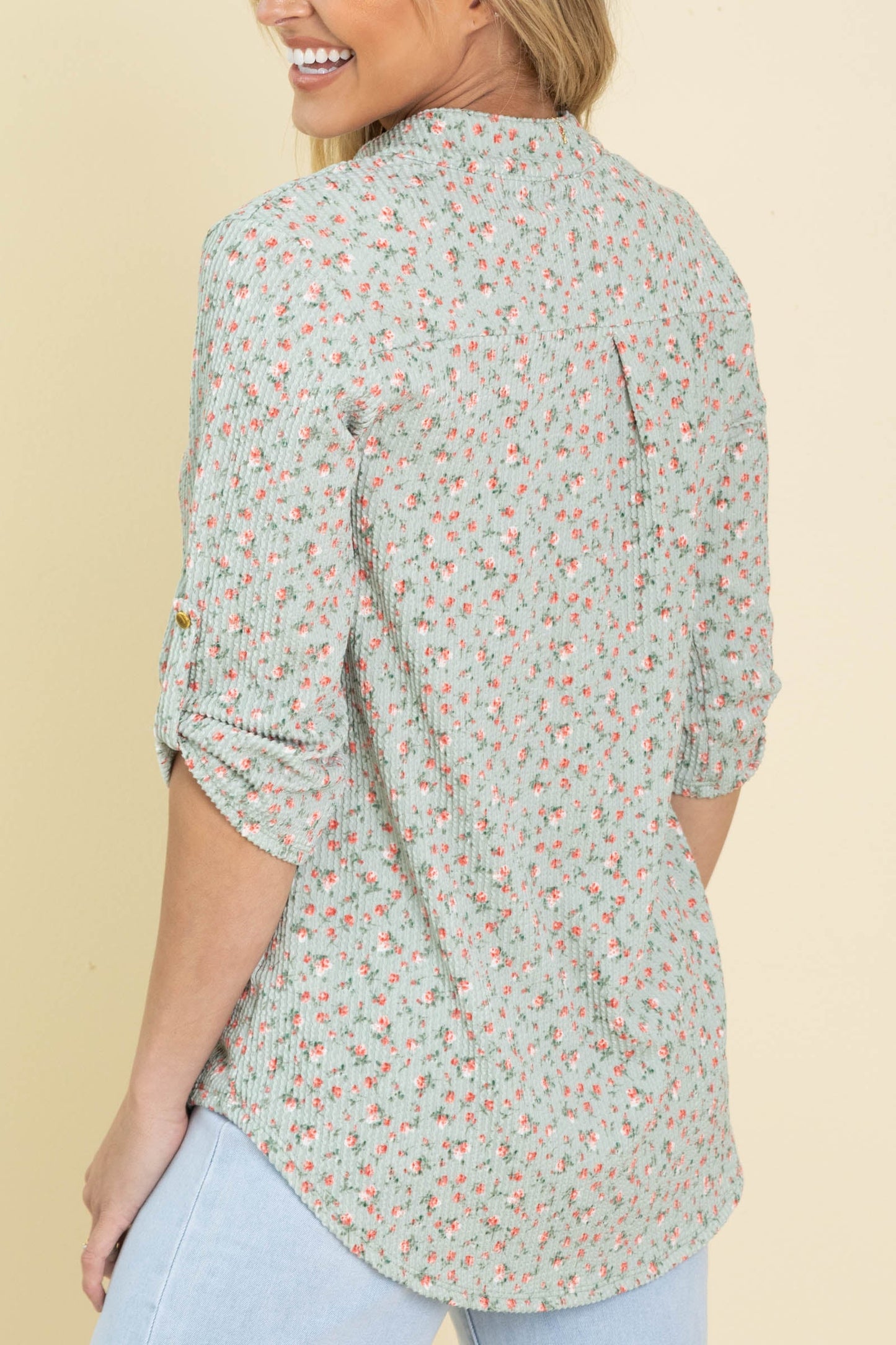 Sage Ribbed Ditsy V-Neck Knit Top