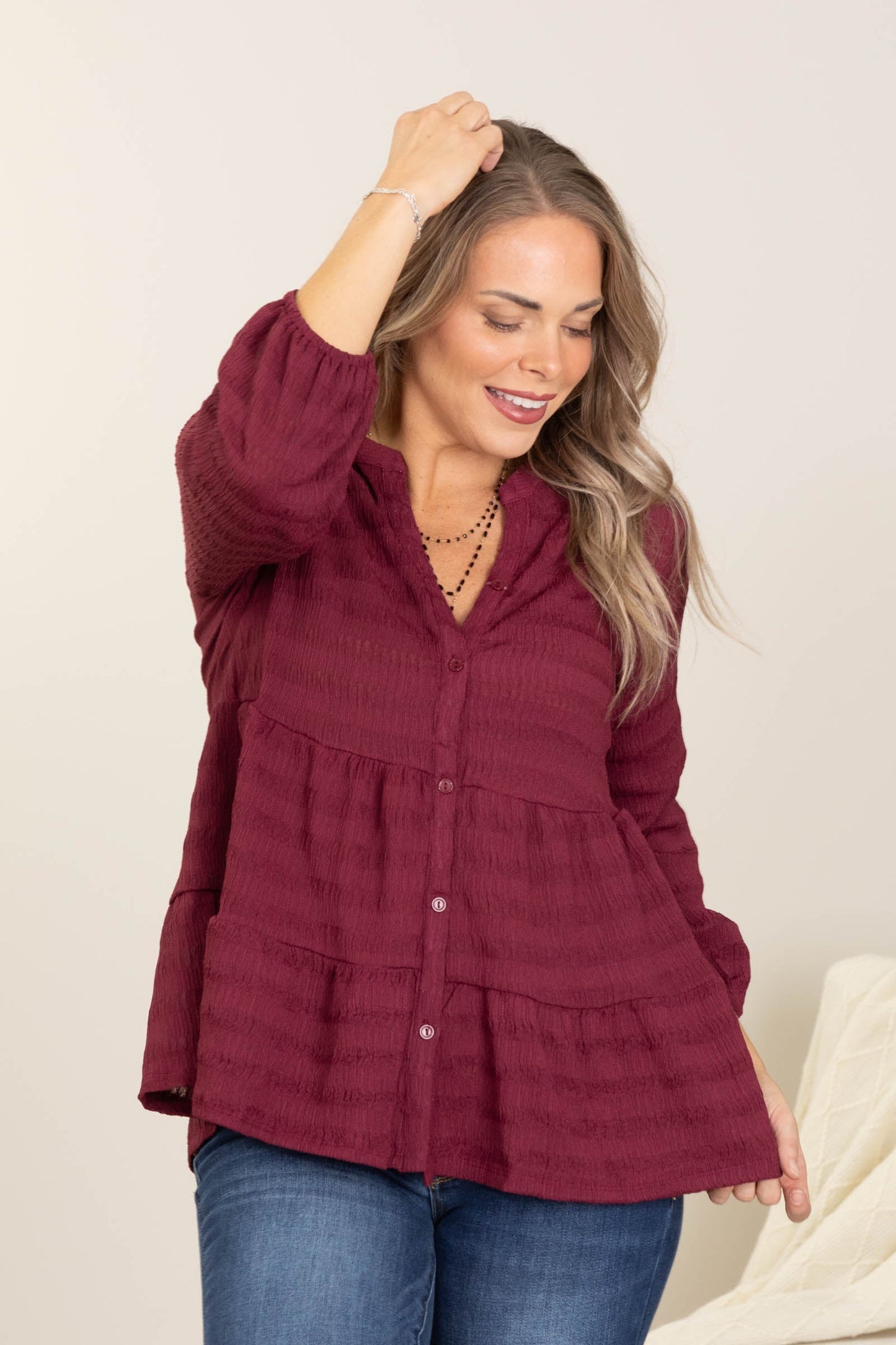 Wine Button Down Tiered Woven Top