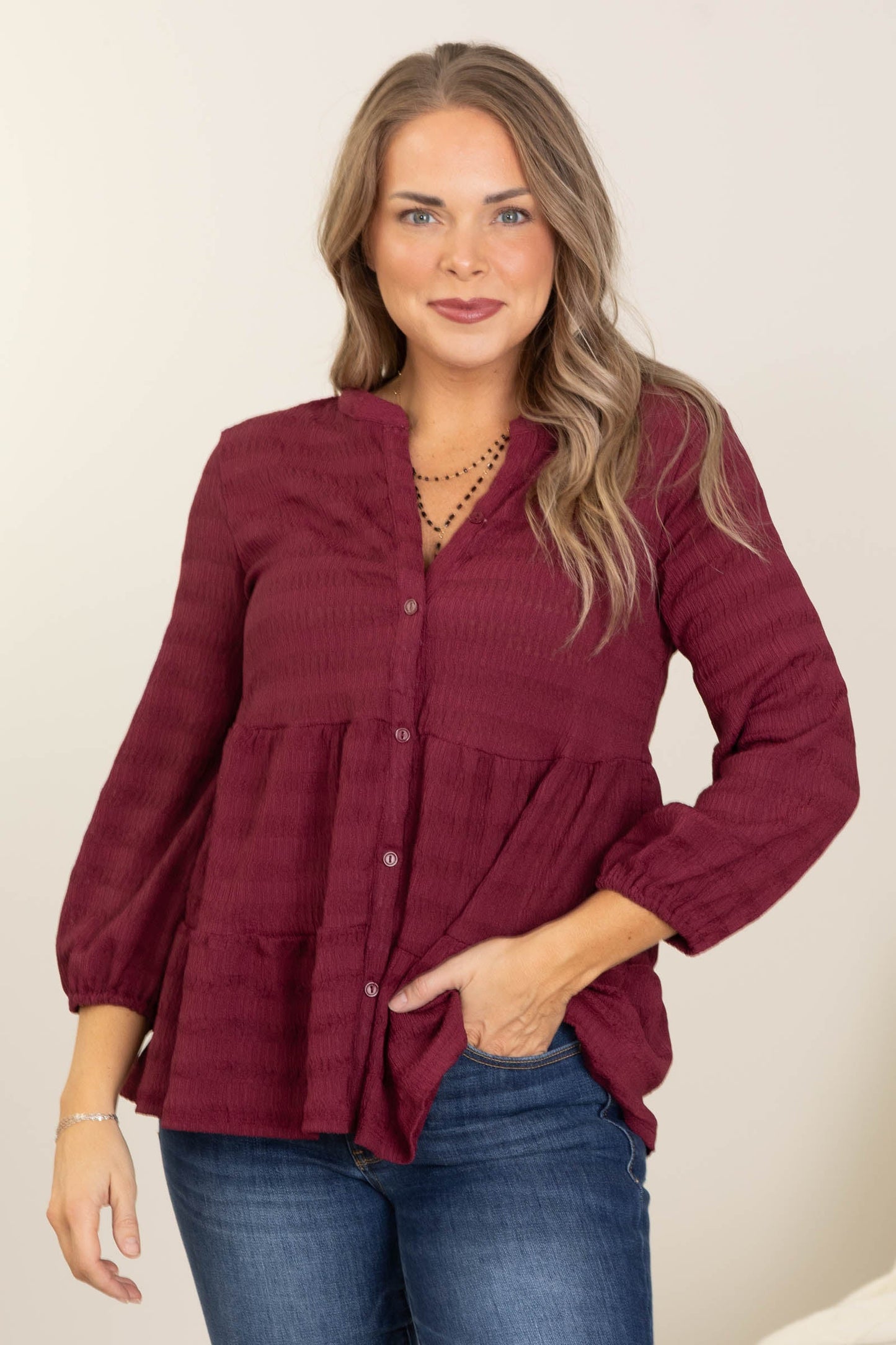 Wine Button Down Tiered Woven Top