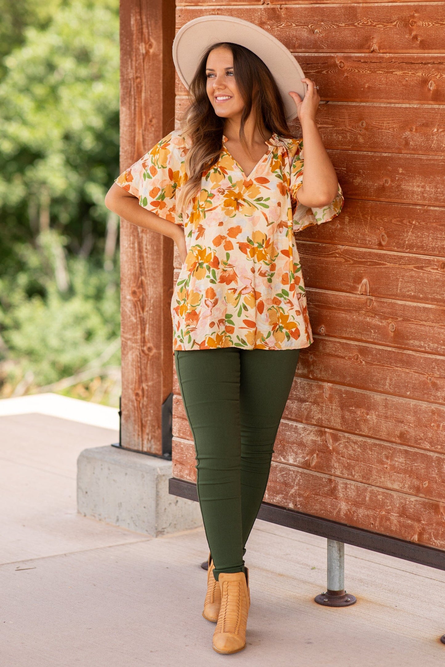 Orange Multicolor Floral Print Notch Neck Top
